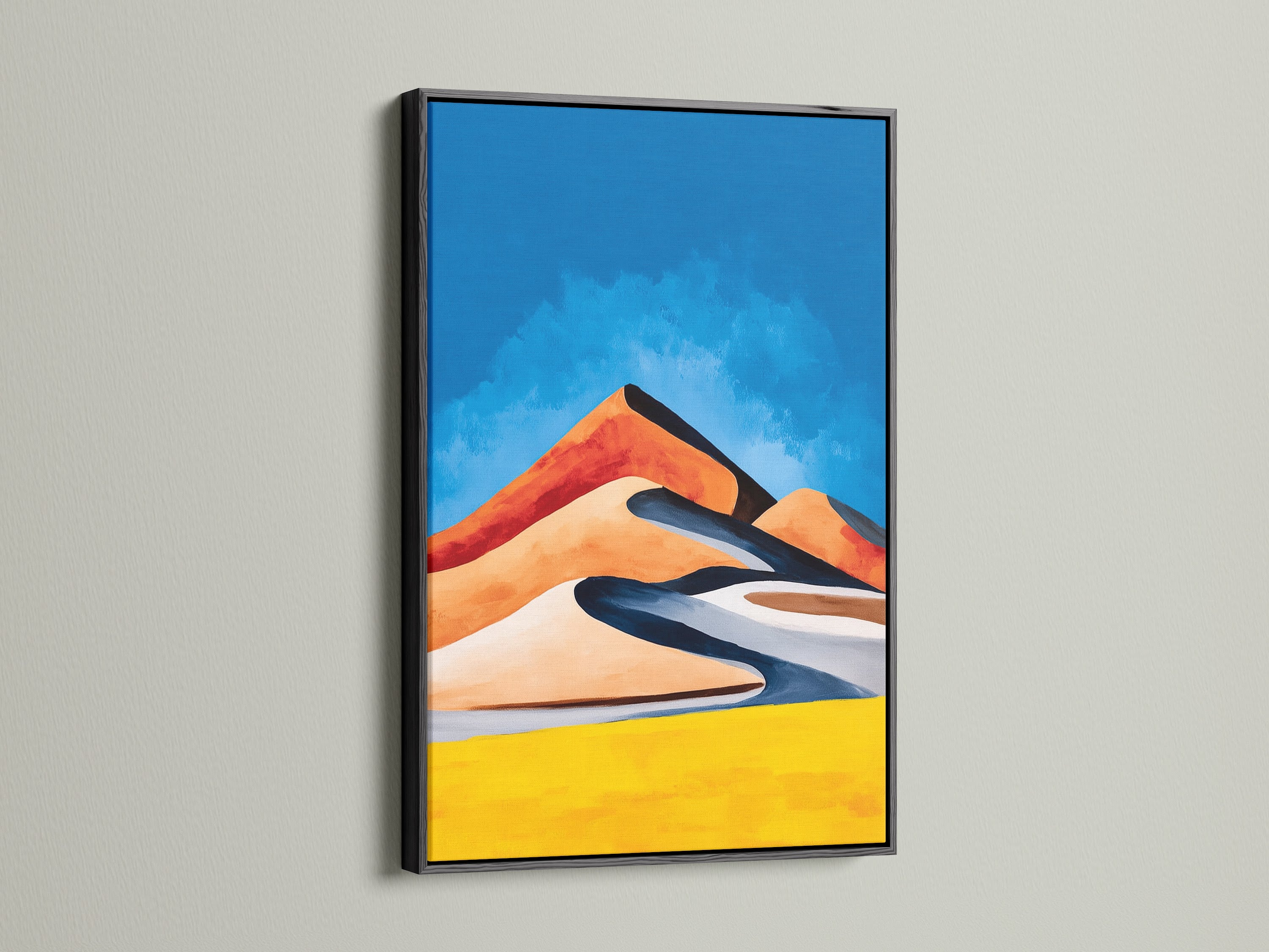 Add a touch of elegance with our Abstract Desert Landscape artwork in a black frame. The black frame provides a striking contrast to the desert wall art. It's perfect for creating a focal point in your living room wall decor. This artwork suits modern and Southwestern aesthetics.