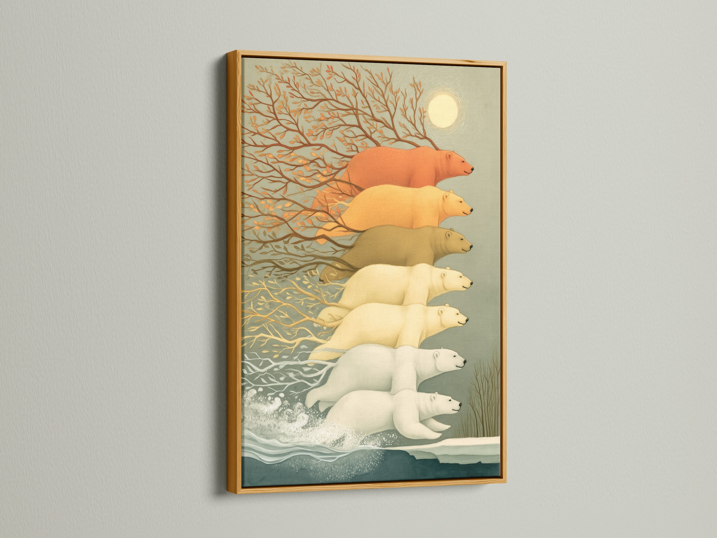 Polar Bear artwork with a Gold Frame. The artwork features a polar bear illustration in beige and gray tones. It is ideal for minimalist Scandinavian or contemporary styled spaces. Ocean waves add a calming touch. Perfect for kids' rooms playrooms classrooms and libraries.