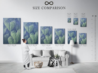 A size comparison chart is displayed in an interior setting. It shows the scale of the tropical leaf art. This chart helps visualize the plant wall art. Choose the perfect size for your room. See how it fits your space.