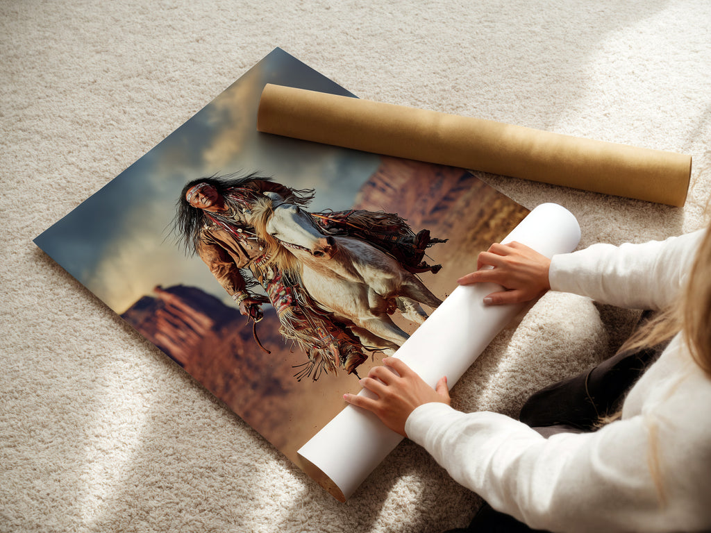 Native American Warrior Canvas Print - Western Horse Art, Southwestern Wall Decor for Office Man Cave