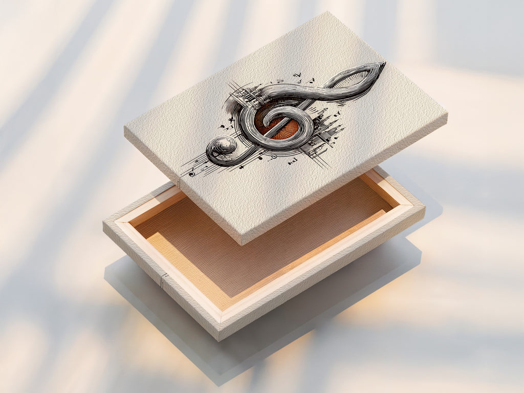 Stretched canvas print showcasing the treble clef art. This music themed decor is ready to hang. The stretched canvas highlights the ornate musical note poster. Ideal for music lovers and a great gift for musicians. Elevate your music studio art.