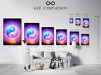 A size comparison chart is displayed in an interior setting. Various sizes of the Yin Yang art are shown. The cosmic purple and blue zen decor fits any space. This spiritual artwork is available in multiple dimensions. Find the perfect fit for your wall art needs.