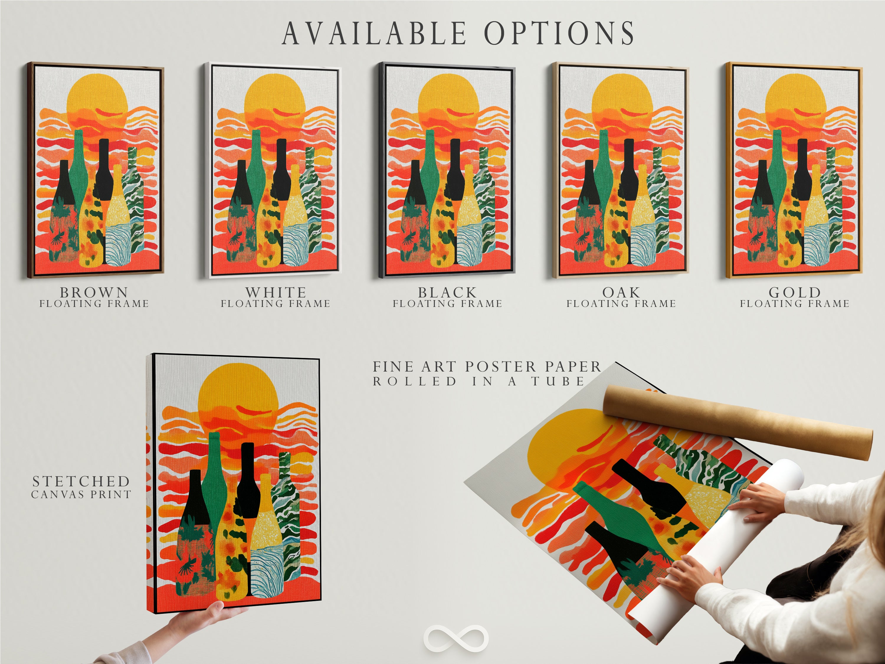Available options include stretched canvas prints fine art poster paper and floating frames. The modern abstract wine bottle artwork is versatile. Perfect for kitchens dining rooms and bars. It adds a vibrant touch.