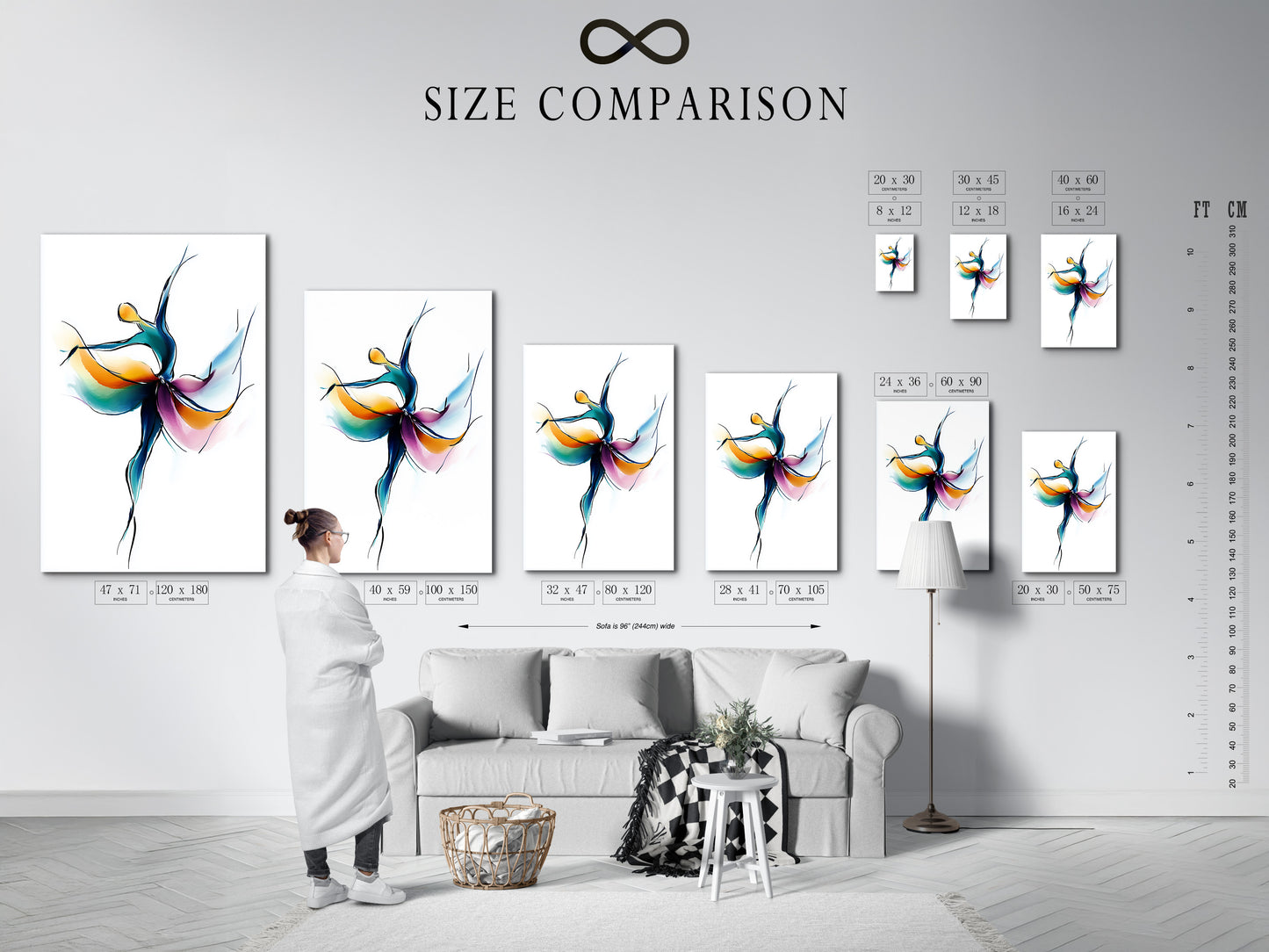 A size comparison chart displayed in an interior setting. It shows various sizes of the Abstract Dancer artwork. It helps visualize how the art fits into different spaces. Get the perfect fit for your wall decor.