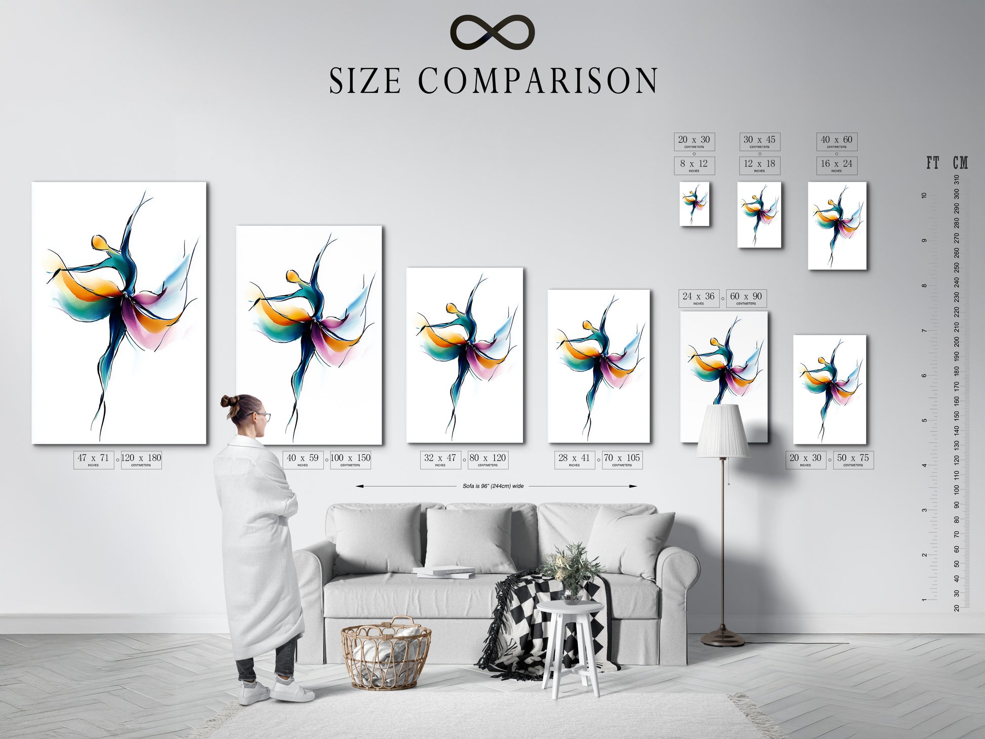 A size comparison chart displayed in an interior setting. It shows various sizes of the Abstract Dancer artwork. It helps visualize how the art fits into different spaces. Get the perfect fit for your wall decor.