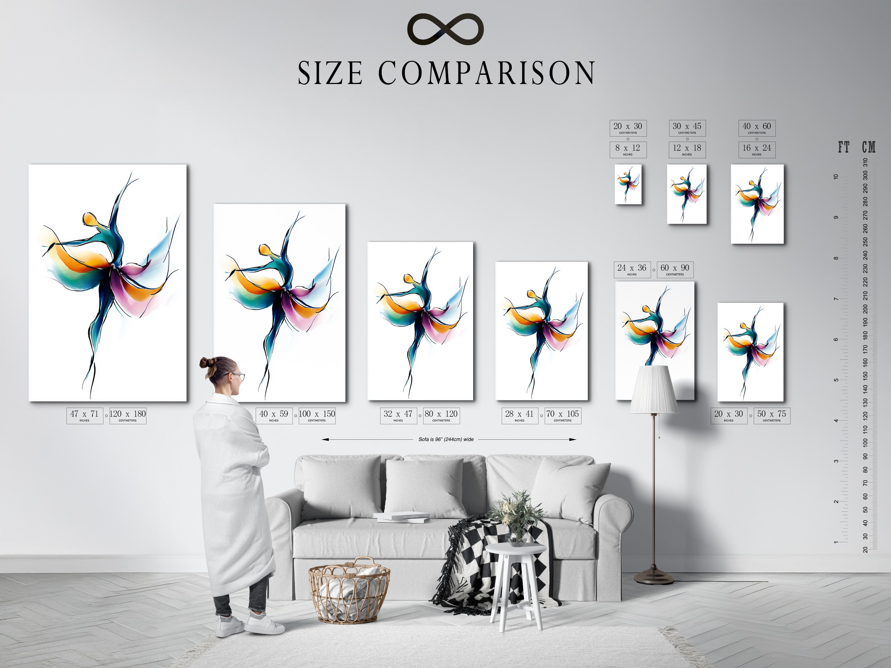 A size comparison chart displayed in an interior setting. It shows various sizes of the Abstract Dancer artwork. It helps visualize how the art fits into different spaces. Get the perfect fit for your wall decor.