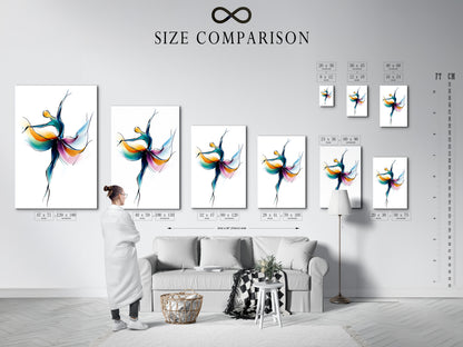A size comparison chart displayed in an interior setting. It shows various sizes of the Abstract Dancer artwork. It helps visualize how the art fits into different spaces. Get the perfect fit for your wall decor.