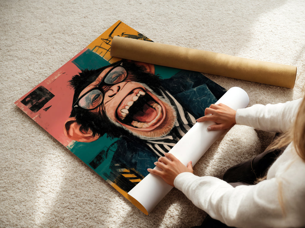 A woman is carefully rolling a fine art poster paper. Prepare to display your funny monkey artwork. This fine art paper ensures the artwork is preserved. Perfect for those who appreciate quality materials. Ensure your pop art canvas looks its best with quality paper.