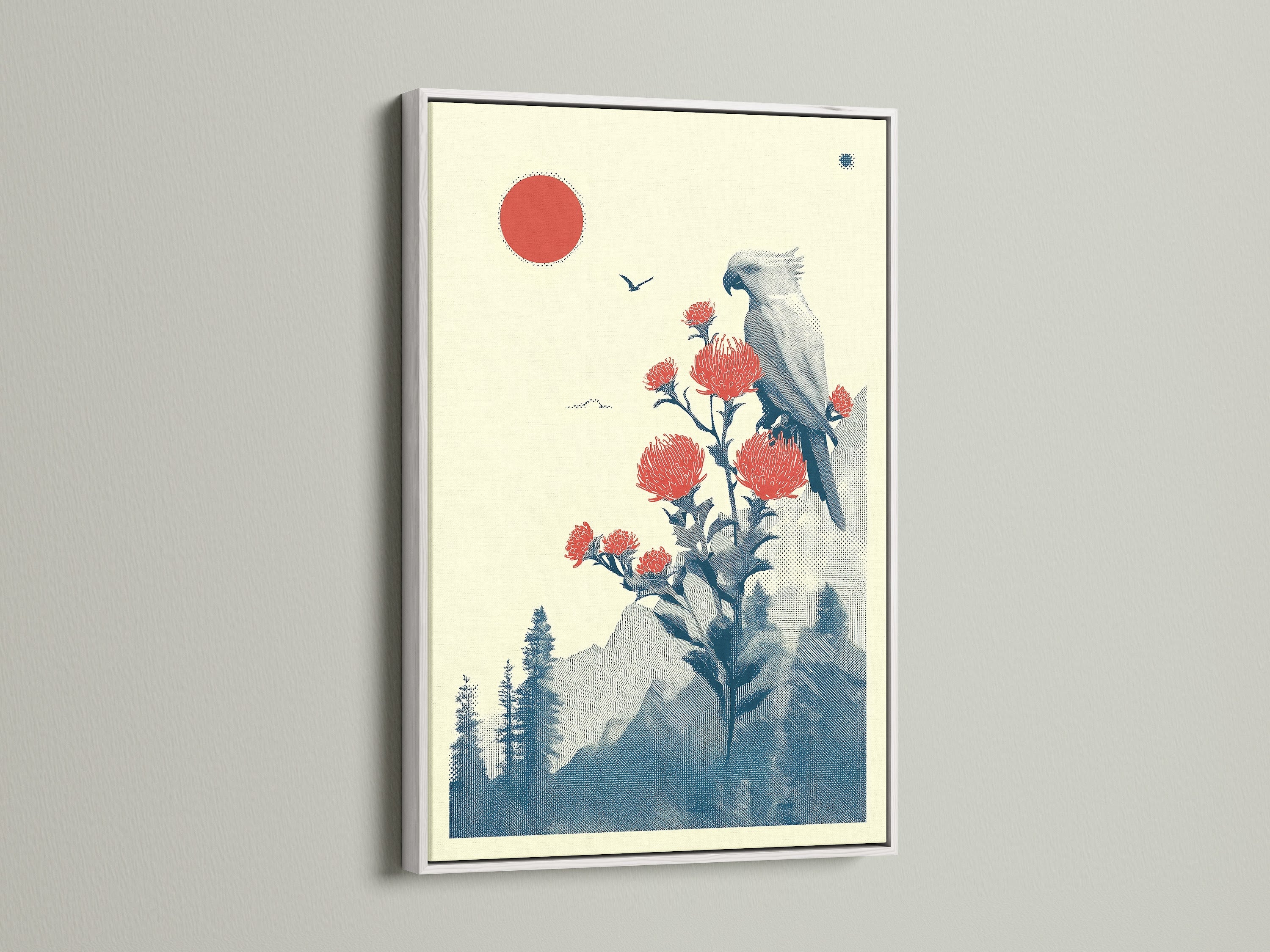 Japanese Bird Artwork with Red Sun in a White Frame. This crane wall art is perfect for contemporary spaces. The white frame accentuates nature wall art for bedroom decor.