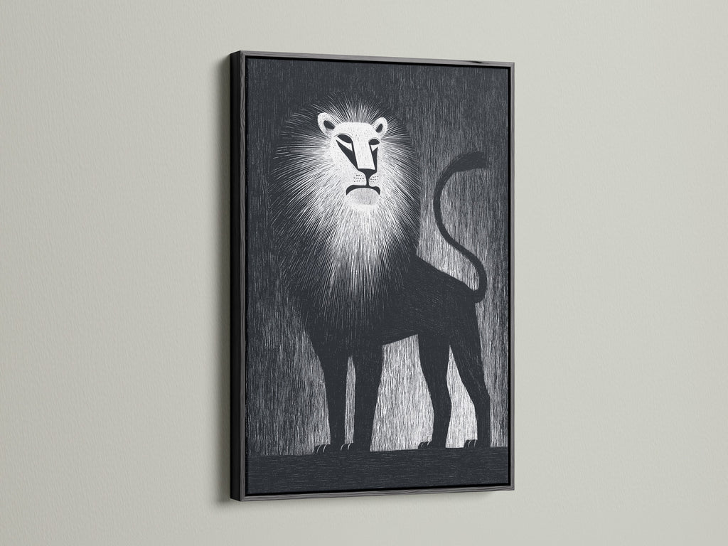 A bold lion artwork is showcased in a black frame. It is set against a minimalist background. The black frame adds a touch of sophistication. Enhance your interior with this framed artwork.