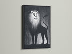 A bold lion artwork is showcased in a black frame. It is set against a minimalist background. The black frame adds a touch of sophistication. Enhance your interior with this framed artwork.