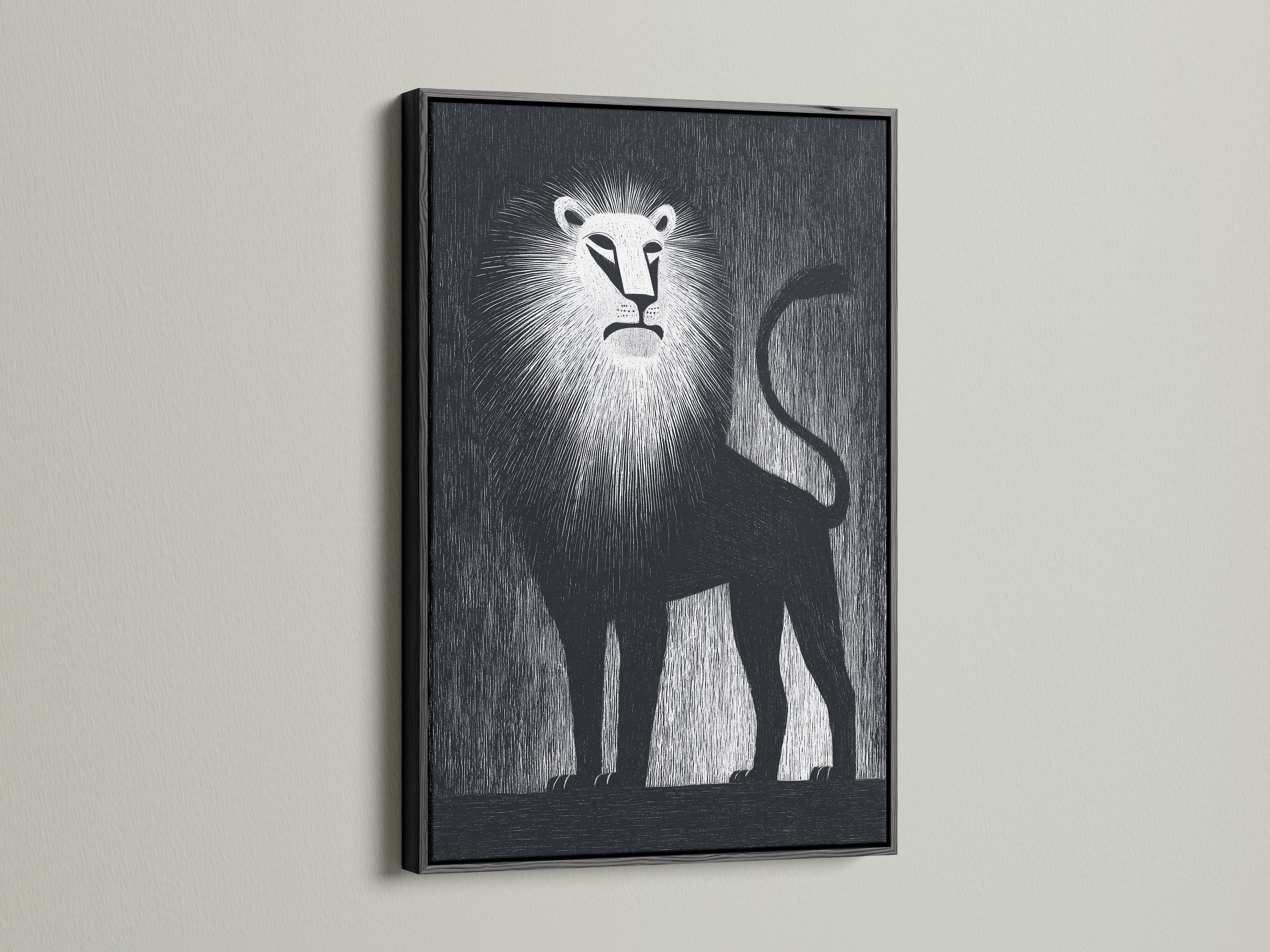 A bold lion artwork is showcased in a black frame. It is set against a minimalist background. The black frame adds a touch of sophistication. Enhance your interior with this framed artwork.