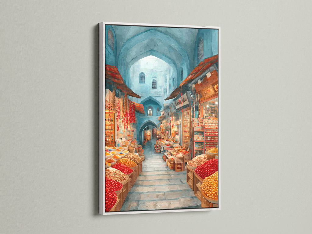 Spice Market artwork with a white frame. The canvas print enhances any space. This piece is an eye-catching addition to your home. The white frame offers a clean modern look.