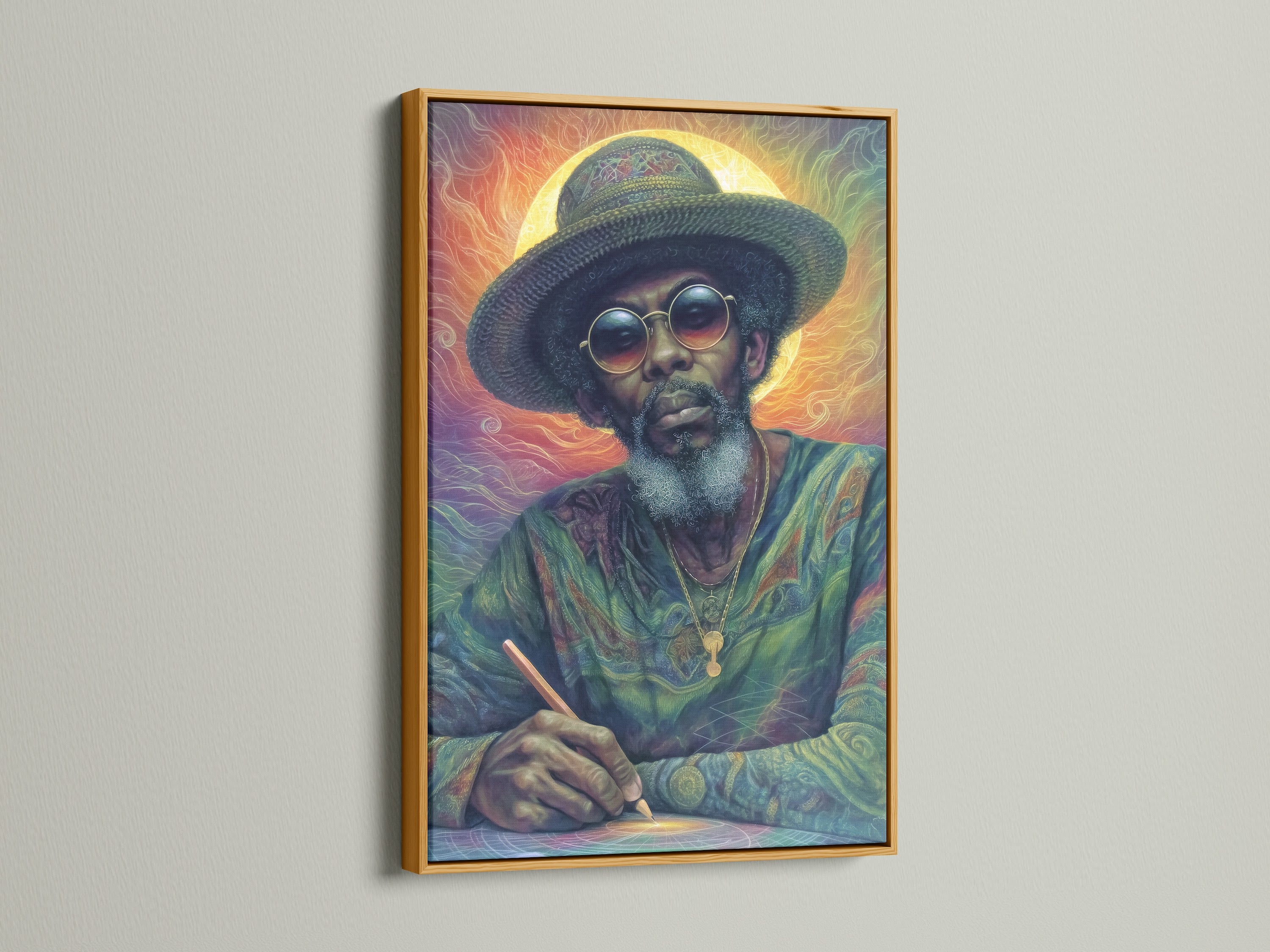 A gold frame enhances this psychedelic portrait artwork. The Rastafarian wall art is a vibrant spiritual piece. It creates a unique bohemian wall decor. The colorful portrait adds a touch of reggae to your living space.
