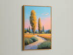Gold frame highlighting a Tuscany Landscape artwork. The sunset painting creates a serene ambiance. The golden poplar trees wall art enhances a traditional style. A refined choice for landscape canvas.