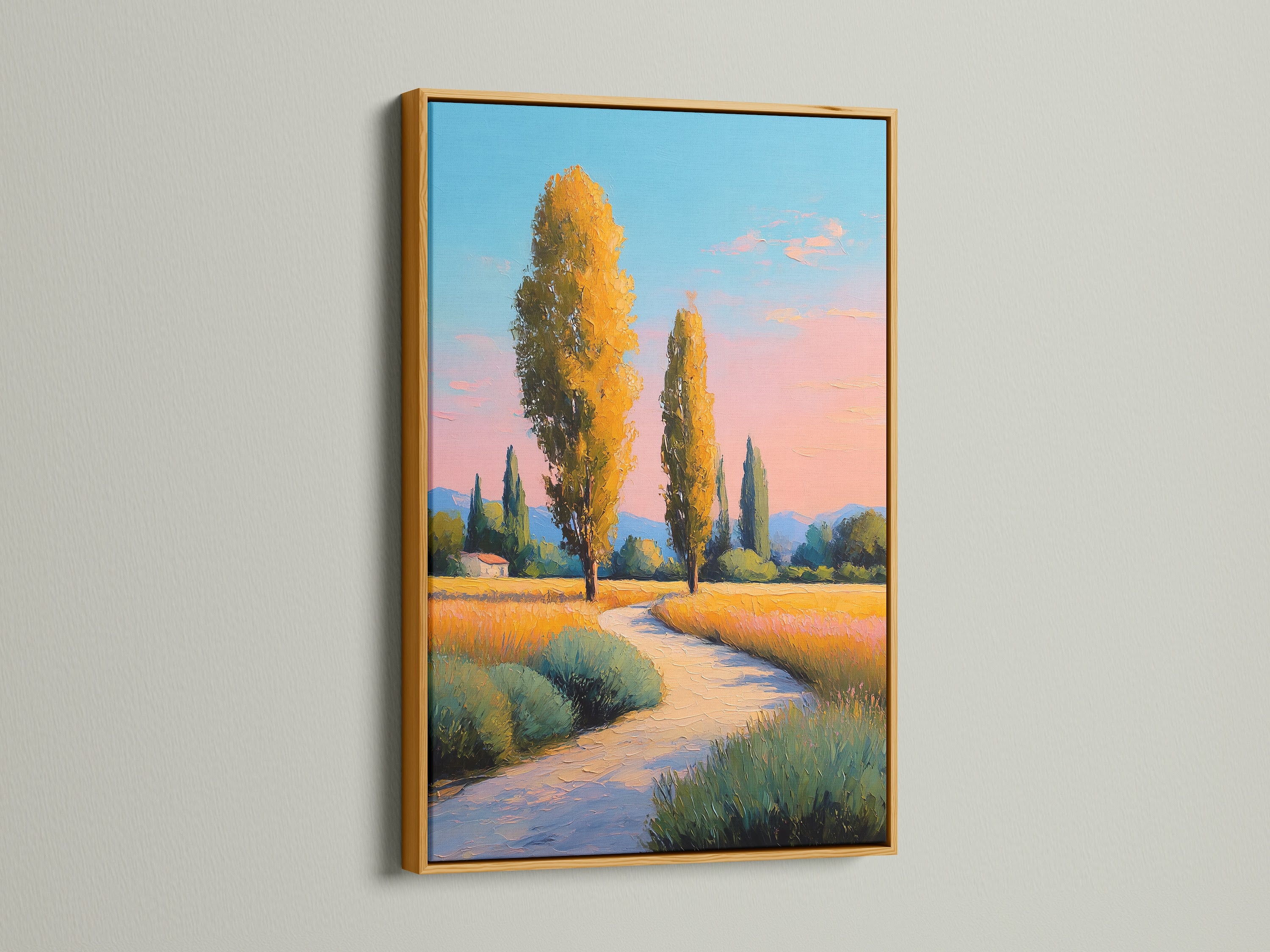 Gold frame highlighting a Tuscany Landscape artwork. The sunset painting creates a serene ambiance. The golden poplar trees wall art enhances a traditional style. A refined choice for landscape canvas.