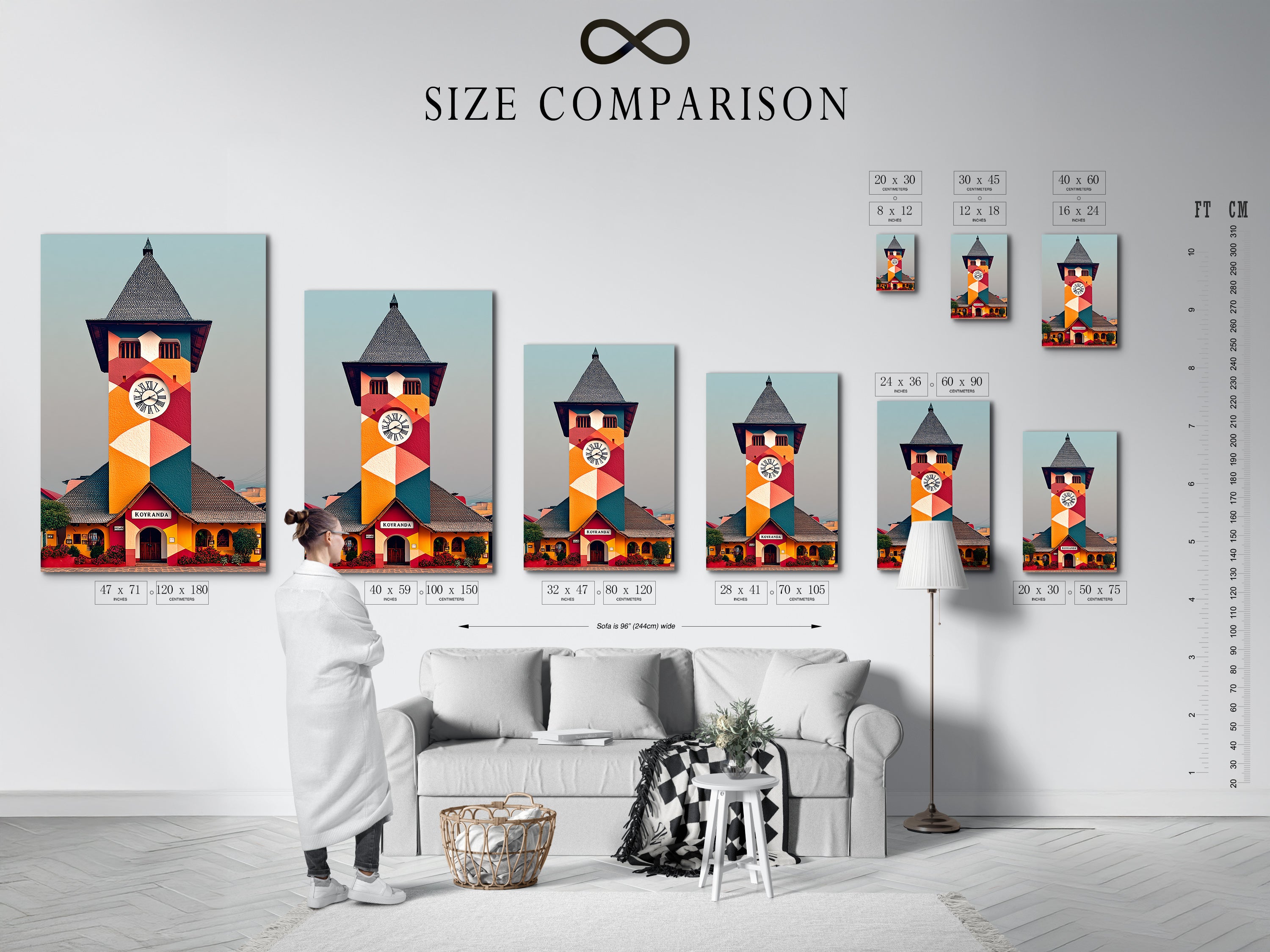 A size comparison chart is displayed in an interior setting. Viewers can see the different sizes available for the clock tower canvas print. Understand how this geometric building wall art fits in various spaces. Choose the perfect size for your architecture artwork.