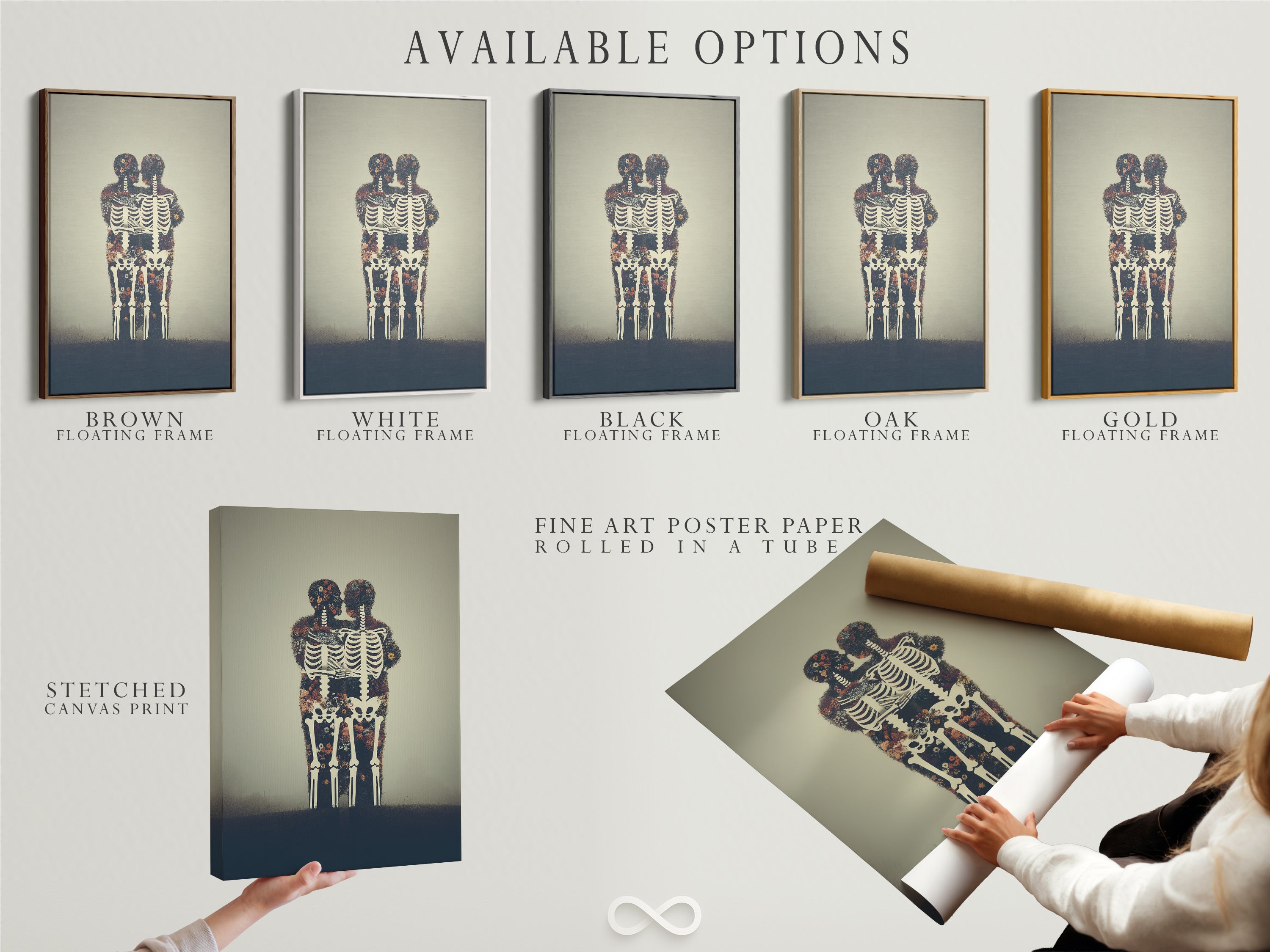 Available options for the Floral Skeleton artwork are displayed. Choose from a stretched canvas print. Opt for fine art poster paper. Select a floating frame to complete your gothic canvas look.