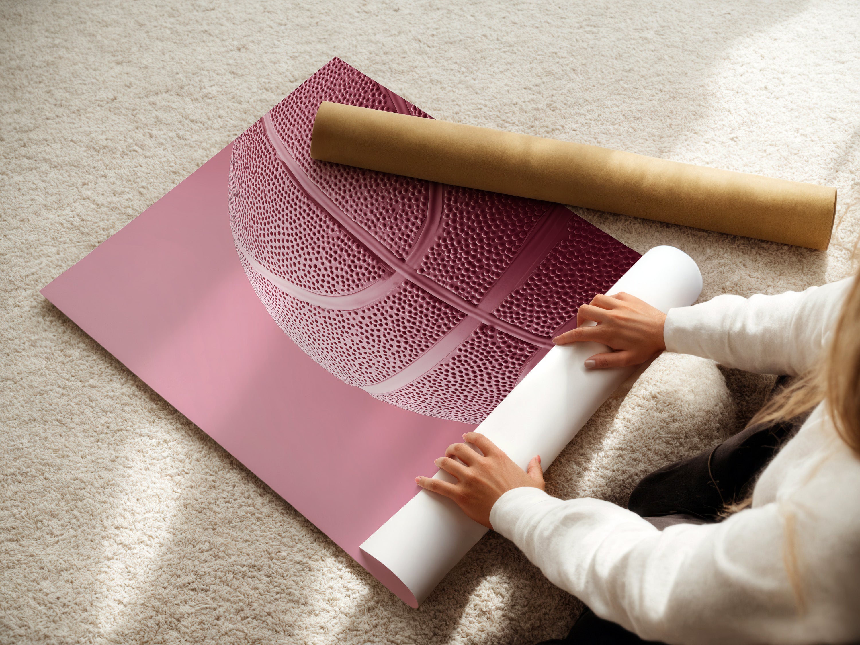 Woman rolling a fine art poster paper. The woman is carefully preparing the art. The fine art poster paper ensures high-quality prints. This allows for vibrant colors and sharp details. Perfect for artwork enthusiasts.