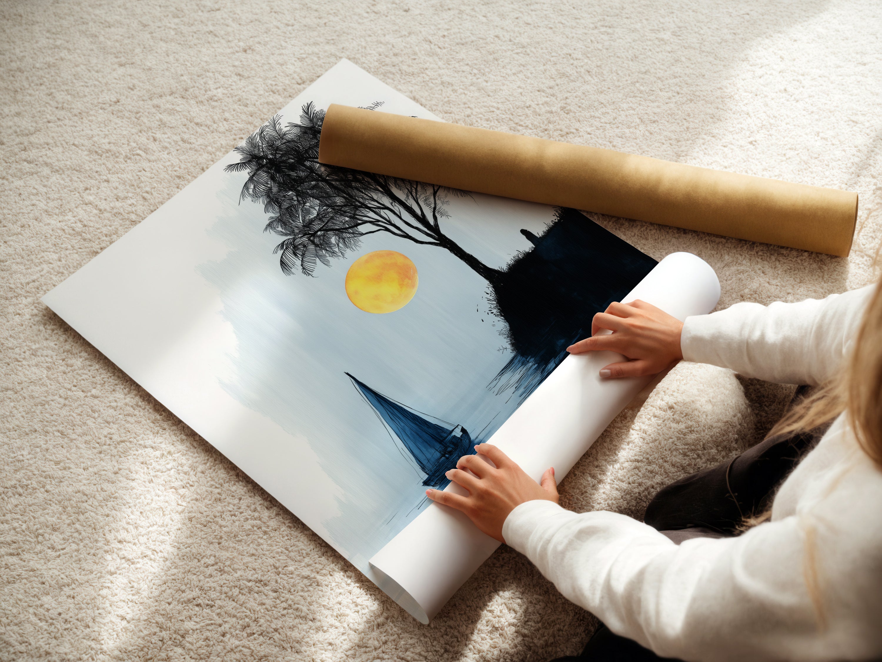 A woman rolls a fine art poster paper print. This paper is ideal for high quality art reproductions. The coastal wall art is ready for framing. Perfect for creating your own custom artwork display. Choose fine art paper for a professional and elegant finish. Explore our art printing options today.