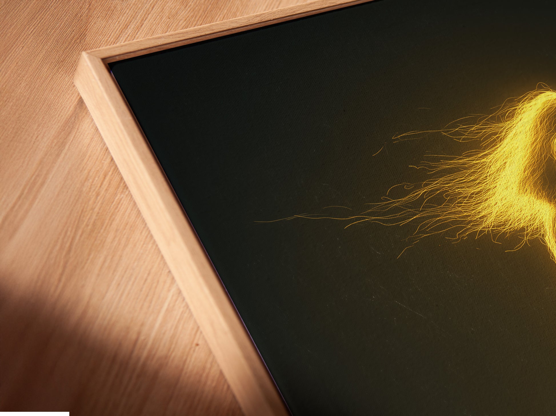 This is a close-up of our canvas print in a floating frame. Check out the beautiful details. The glowing art print adds a neon glow. It creates a golden light. It is perfect for music lovers.