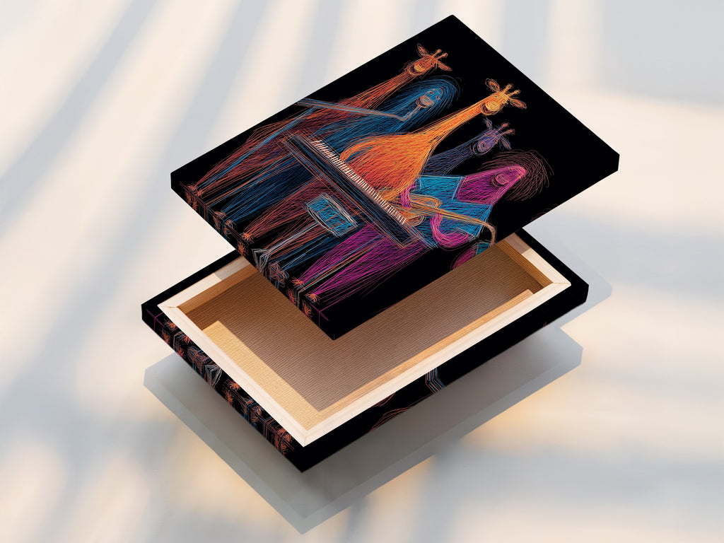 This stretched canvas print features giraffe band artwork. It is colorful music wall decor. Neon animal musicians create a playful scene. Add a funky animal print to your home. The vibrant animal art is stretched and ready to hang. Perfect for music rooms.