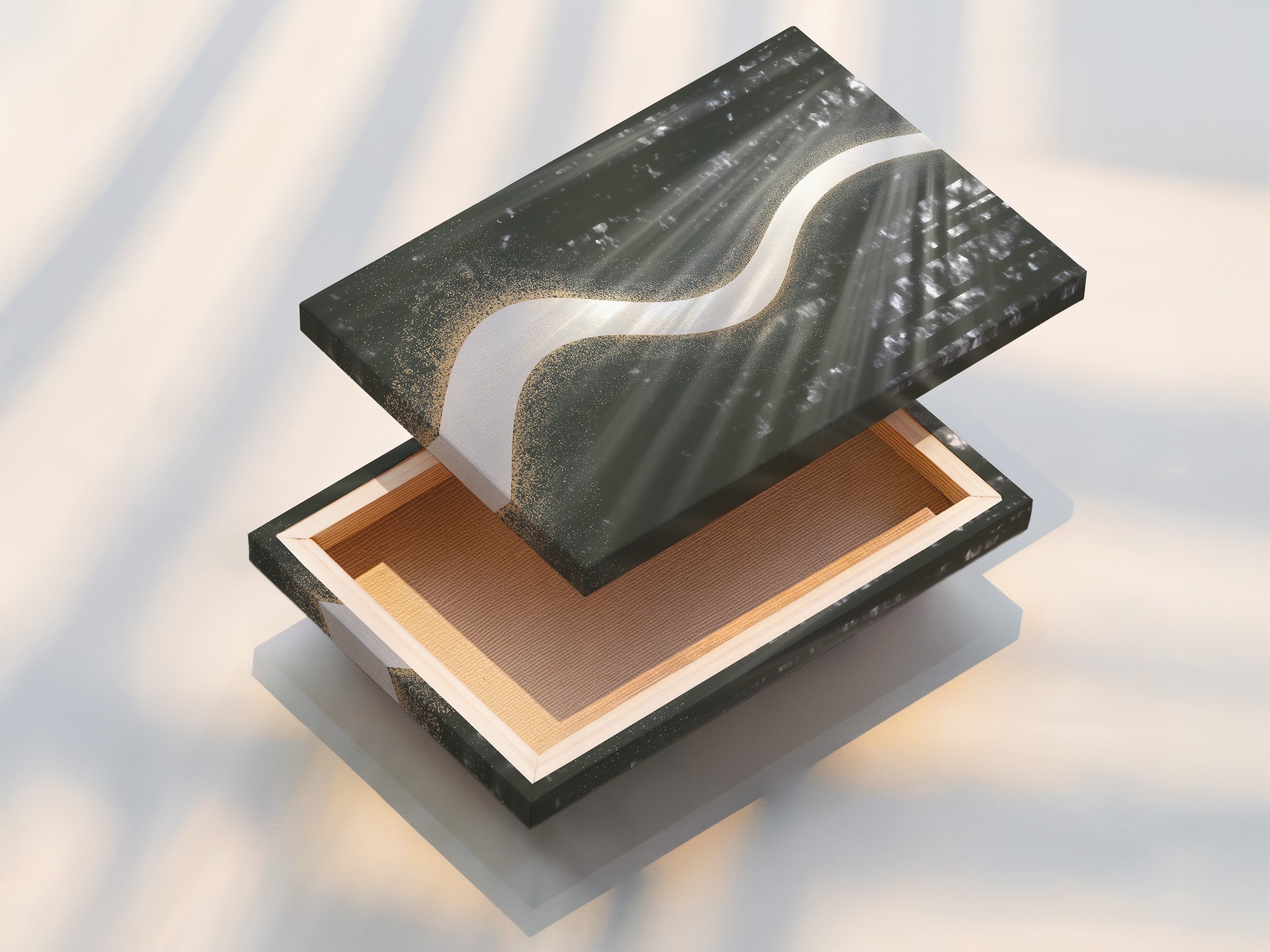 View of a stretched canvas print featuring abstract river art. The sage green and gold wall art is ready to hang. It offers a modern fluid art look. This contemporary artwork enhances any space. Ideal for minimalist Scandinavian or contemporary styles