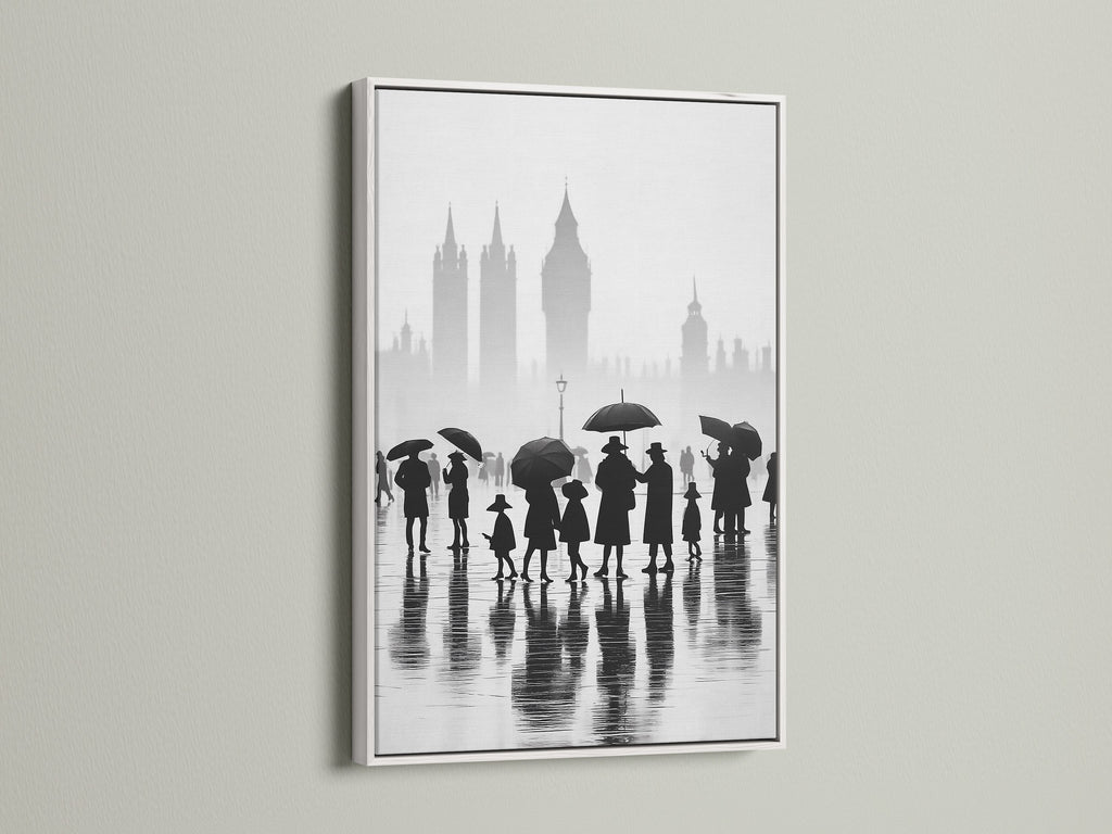 Brighten your walls with our white framed London canvas print. This black and white cityscape art is perfect for any room. Enjoy the rainy day urban photography. It offers a minimalist and clean aesthetic. A stunning piece of England art