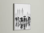 Brighten your walls with our white framed London canvas print. This black and white cityscape art is perfect for any room. Enjoy the rainy day urban photography. It offers a minimalist and clean aesthetic. A stunning piece of England art