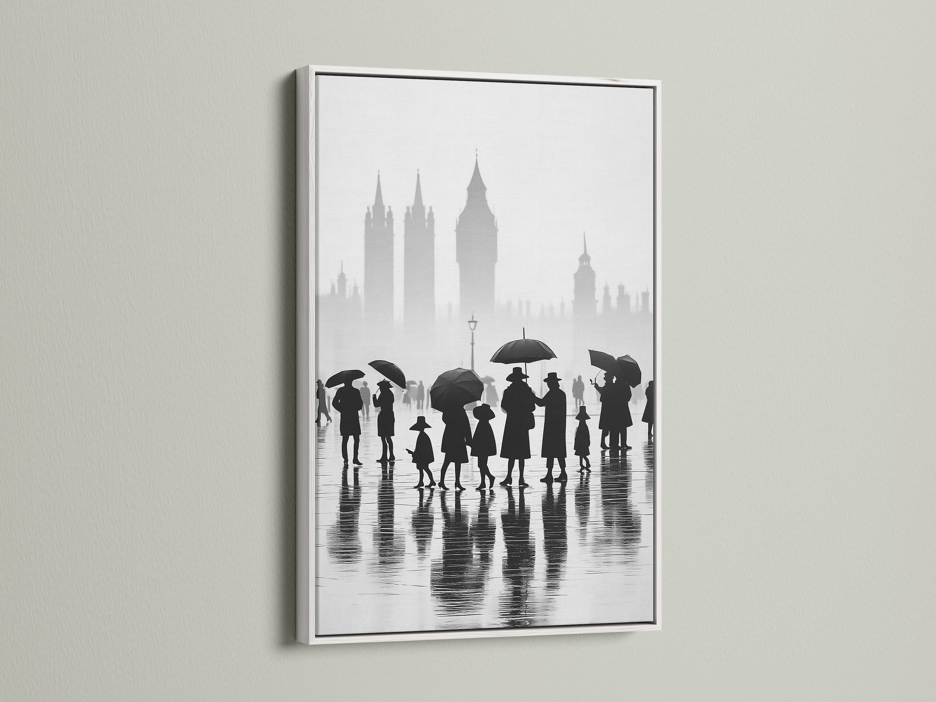 Brighten your walls with our white framed London canvas print. This black and white cityscape art is perfect for any room. Enjoy the rainy day urban photography. It offers a minimalist and clean aesthetic. A stunning piece of England art