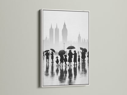Brighten your walls with our white framed London canvas print. This black and white cityscape art is perfect for any room. Enjoy the rainy day urban photography. It offers a minimalist and clean aesthetic. A stunning piece of England art