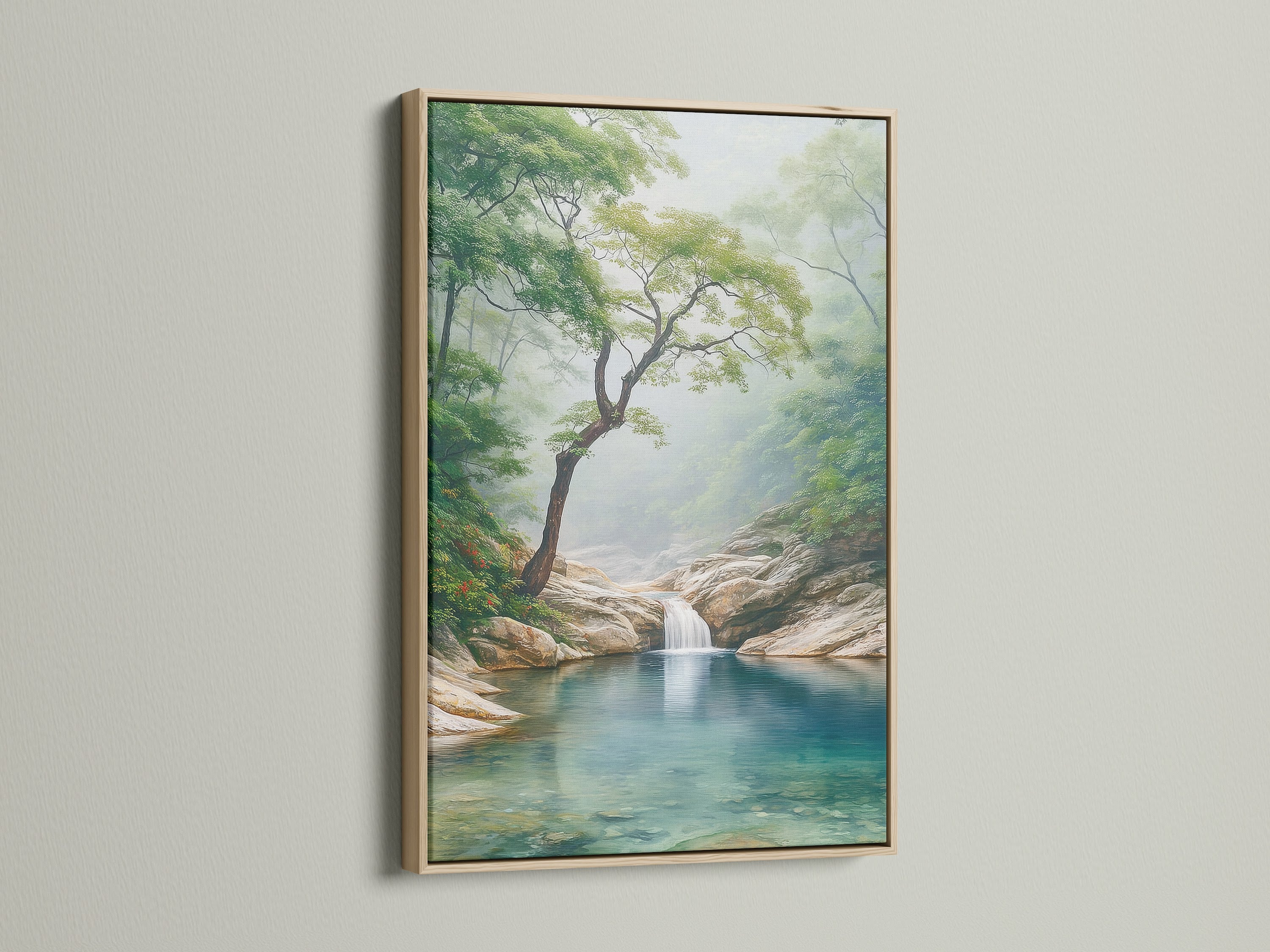 Waterfall art with an oak frame. The artwork features a lush forest and a tranquil waterfall. A nature print that brings a serene landscape to your home. Perfect for contemporary wall decor in a minimalist or Scandinavian style.  