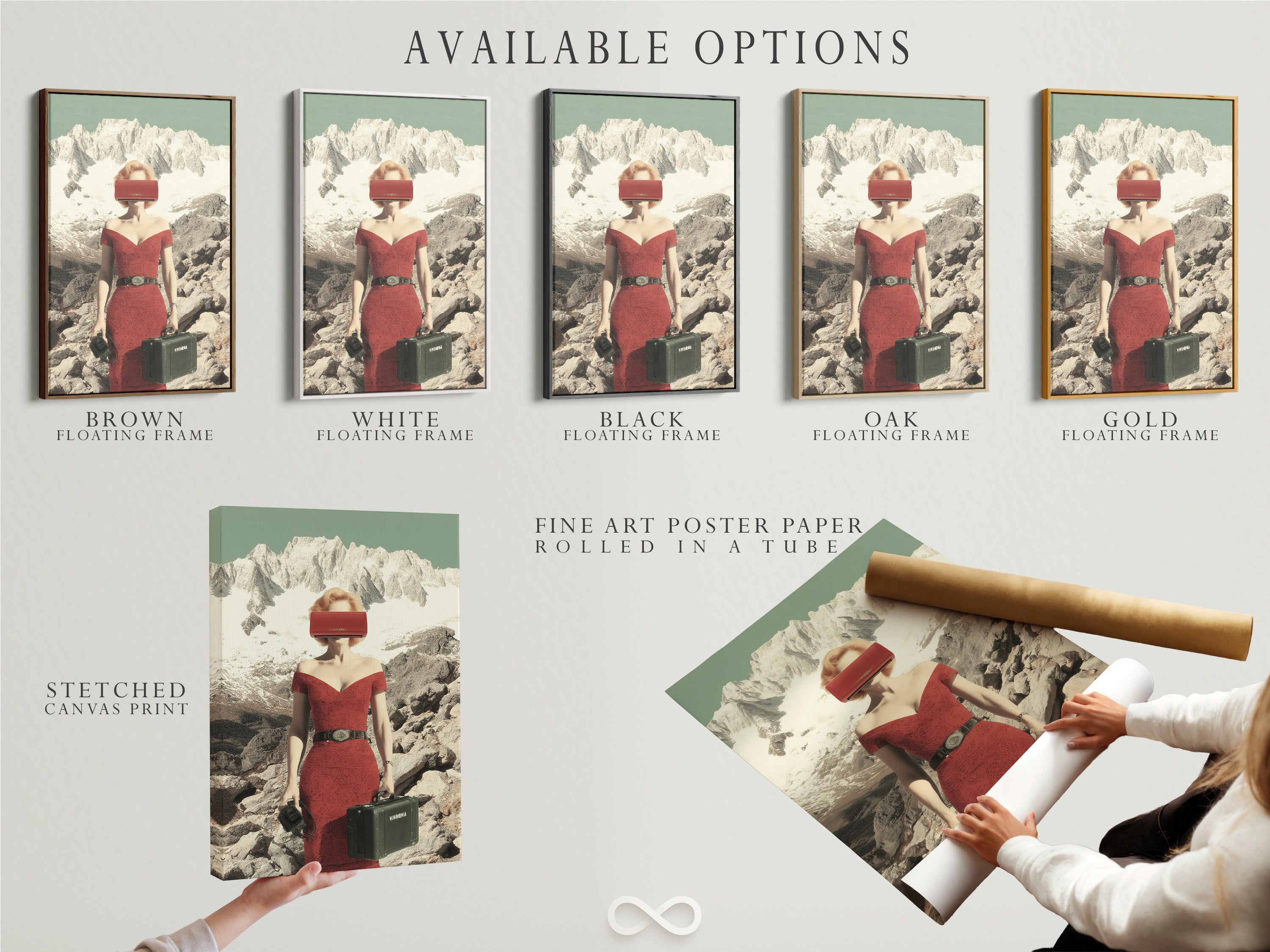 Explore available options for vintage travel poster prints. Choose from stretched canvas prints fine art poster paper and floating frames. Featuring surreal mountain wall art and retro fashion woman artwork. Perfect for adding art deco style to any space. Enhance your home decor with our unique options.