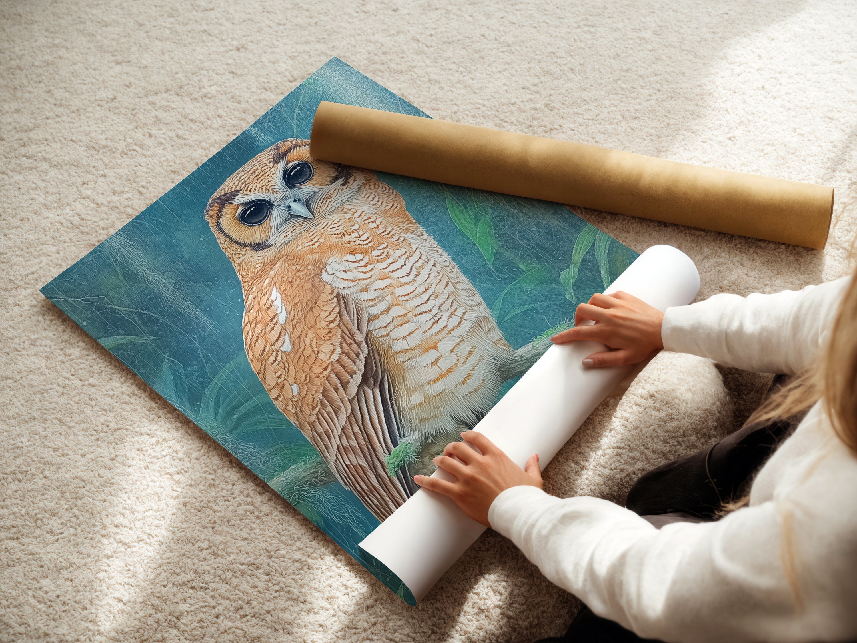 A woman is carefully rolling a fine art poster paper. The paper features a nature-inspired artwork. She handles the poster with precision. Ensuring it's preserved in pristine condition. This image highlights the care in creating high-quality art prints.