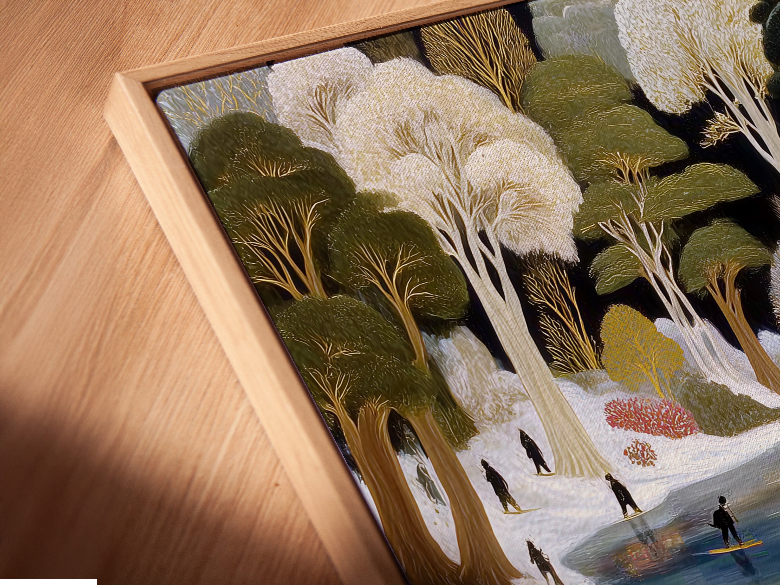 A close-up shows the Winter Pond canvas print. It is displayed in a floating frame. The folk art wall decor adds depth to the artwork. This piece is perfect for creating a cozy wall art display.