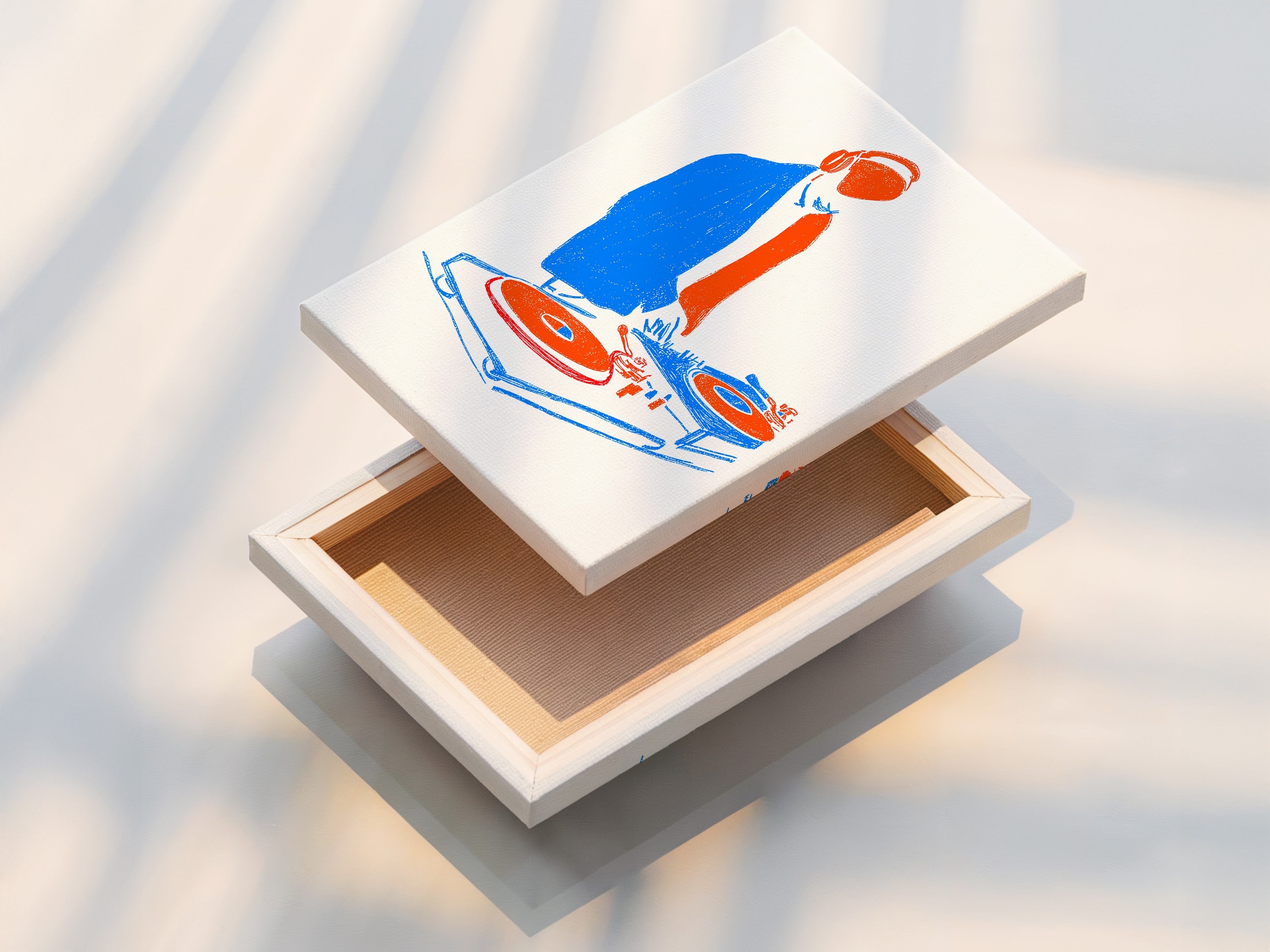 A stretched canvas print of the DJ Turntable art. The artwork is ready to hang adding style to any room. The stretched canvas provides a sleek modern look. This is perfect for music room decor. It also is great for studio wall art. The vibrant colors of the turntable print pop on canvas.