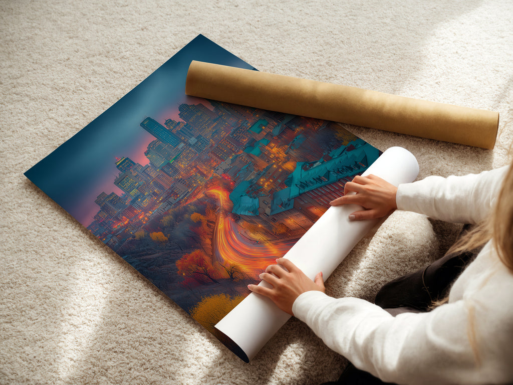 A woman is carefully rolling a fine art poster paper. The poster showcases a cityscape with urban photography. Teal and orange colors create a modern aesthetic. The fine art paper ensures high-quality reproduction. Perfect for art collectors