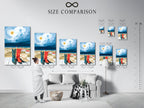 Size comparison chart in an interior setting showcasing the Coastal Cowboy Boots artwork. Visualize how different sizes fit in your space. Find the perfect size for your living room or entryway. See the impact of our artwork on your walls.