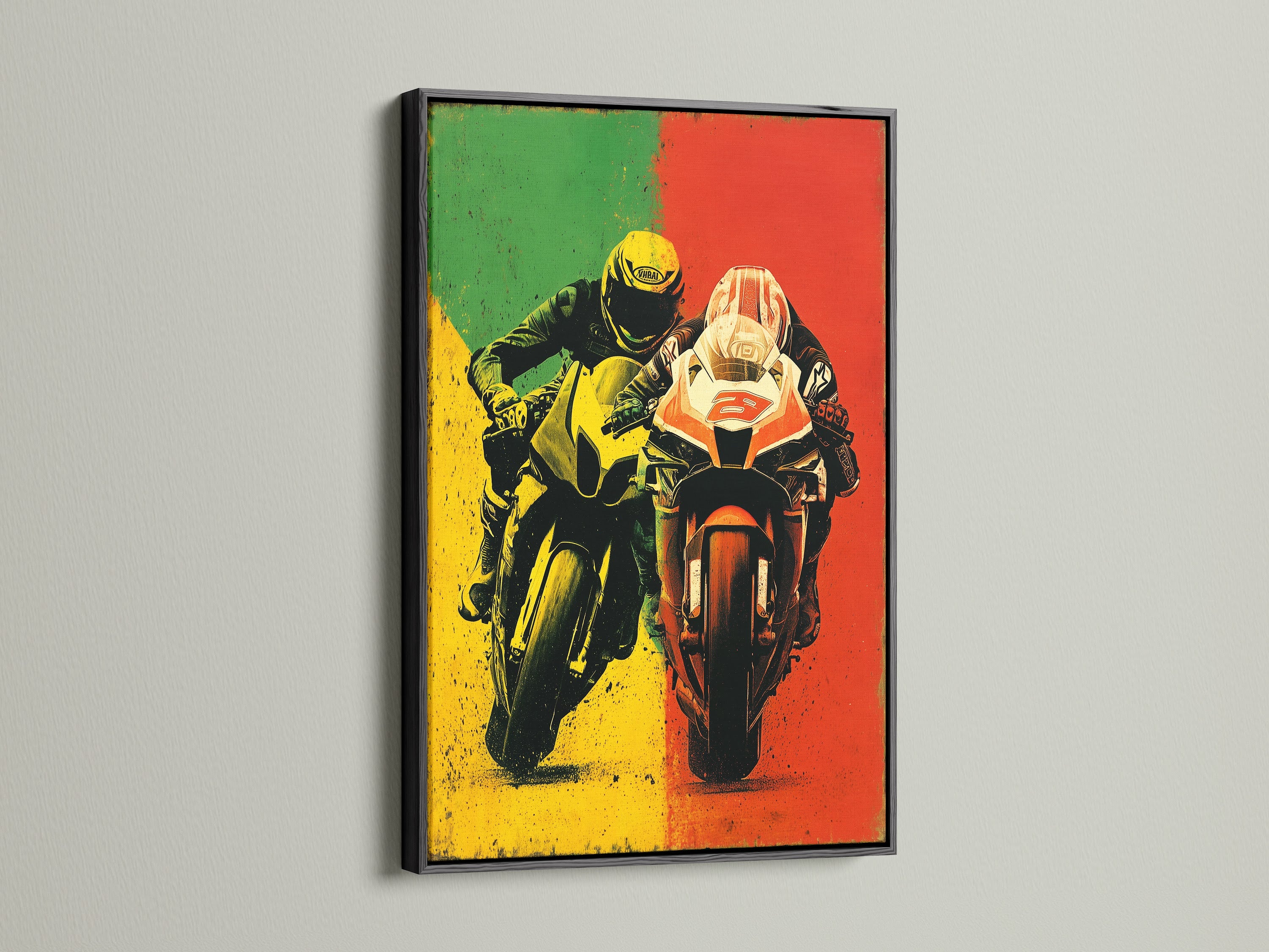 The motorcycle racing canvas print is showcased in a sleek black frame. The artwork features vibrant yellow and red colors. This garage art is perfect for automotive enthusiasts. The sport bike art will elevate any space. This racing artwork is a great gift for bikers or racers.