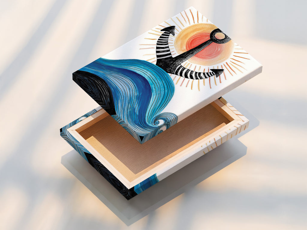 A stretched canvas print displaying nautical anchor artwork. The canvas is stretched perfectly for a gallery like appearance. The navy blue colors are rich and inviting. Ready to hang this artwork will transform your space. The stretched canvas provides a clean modern look. This is ideal for any coastal themed room or beach house.