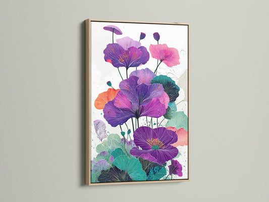 Close-up of a floral canvas artwork in an oak frame. The purple botanical wall art adds a modern touch to any room. Perfect for creating a serene atmosphere in your bedroom. Discover our range of flower art prints. Each piece is designed to complement your unique style with purple home decor.