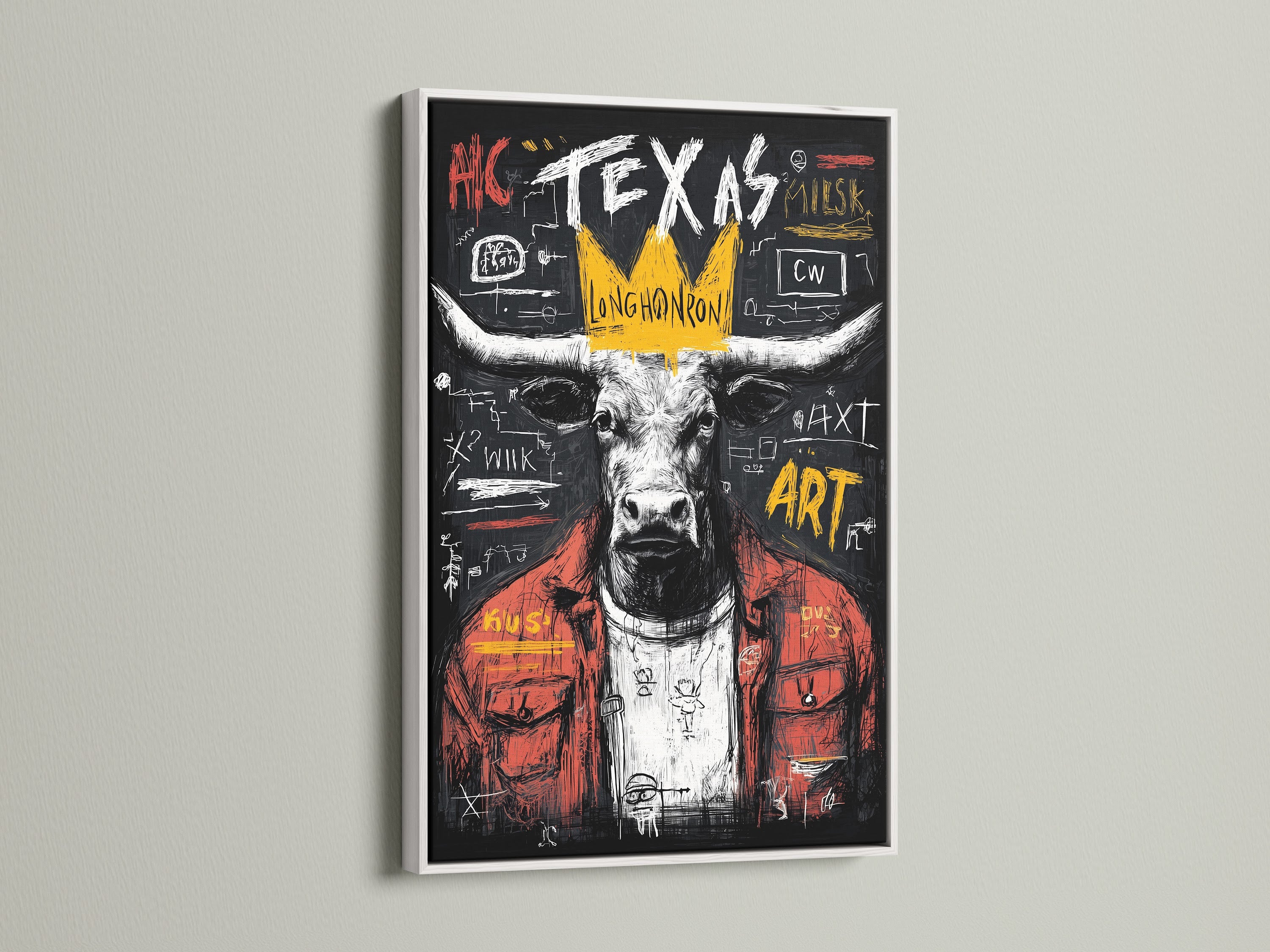 This Texas Longhorn bull artwork looks amazing in a white frame. The contrast of the graffiti wall art against the clean white frame makes it pop. A perfect piece of Texas wall decor.