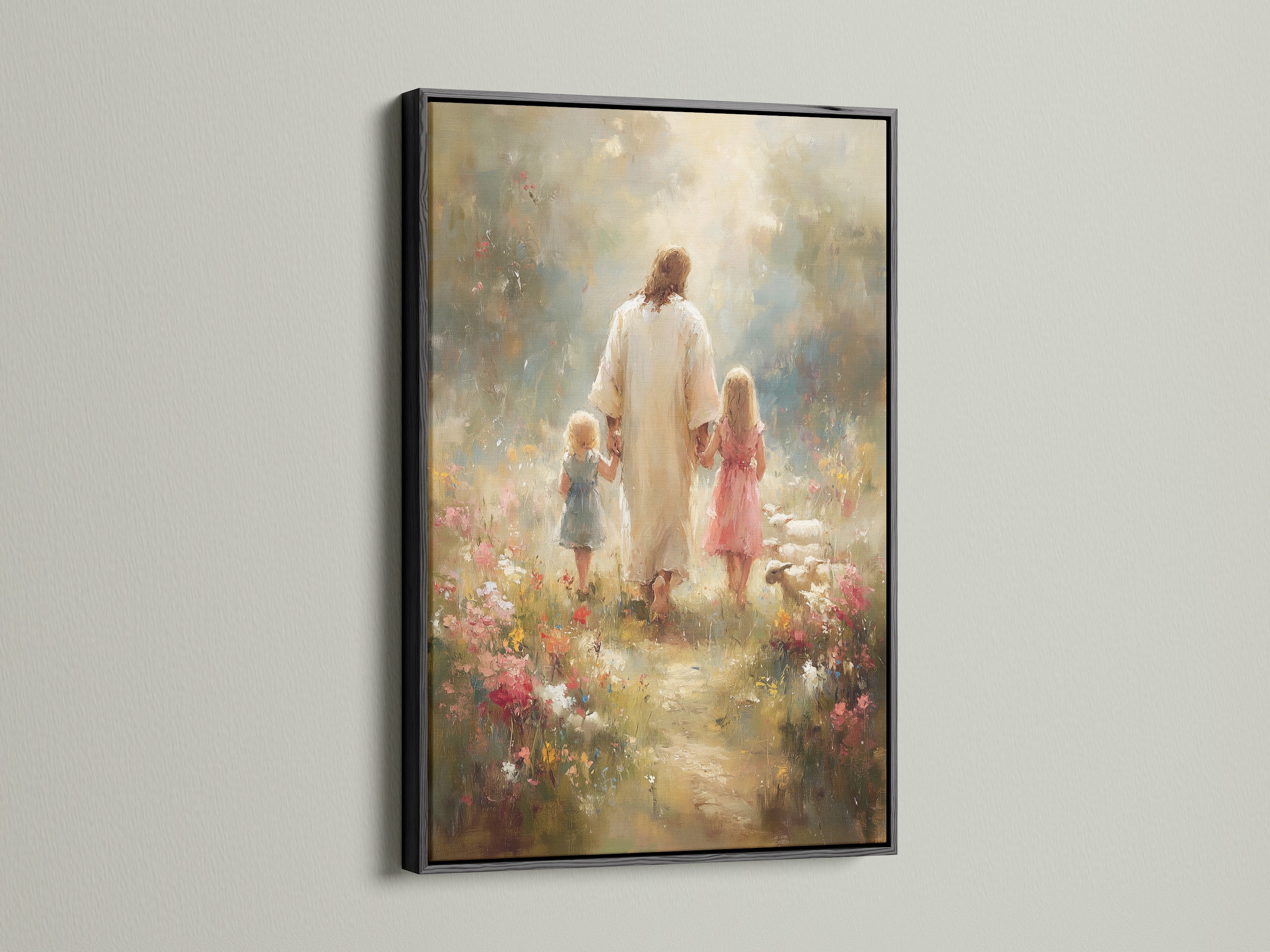 Artwork featuring a sleek black frame on a wall. The art depicts Jesus Christ guiding two young girls through a field of flowers. The black frame adds sophistication and contrast to the piece. Shop now.