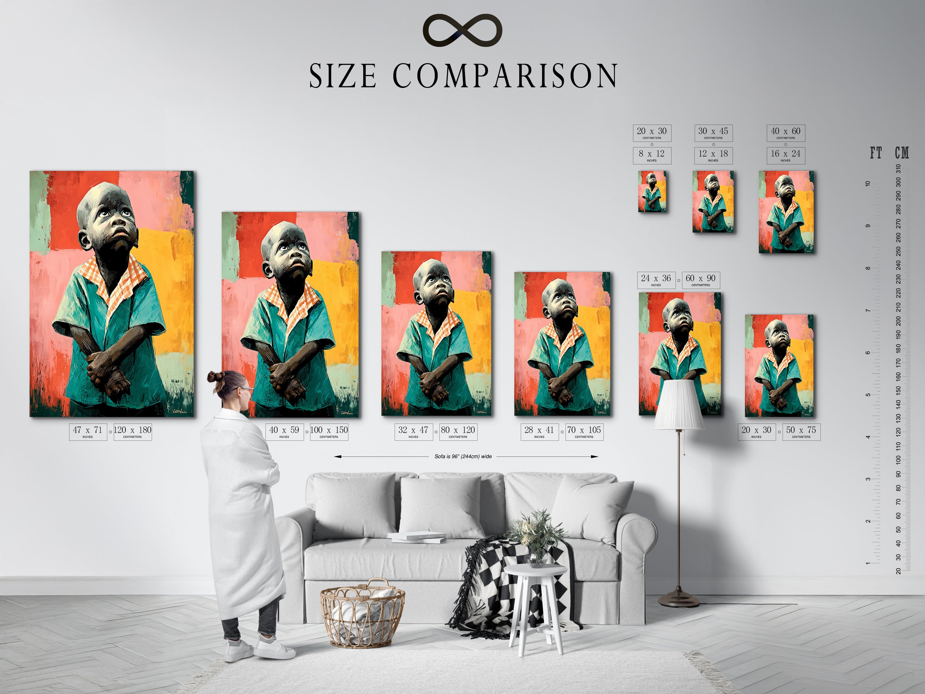 This is a size comparison chart in an interior setting. It demonstrates how the Thoughtful Boy artwork fits in different spaces. Visualize the teal and coral wall art in your room. Choose the perfect size for your study room decor. See how this portrait canvas enhances your modern wall art.
