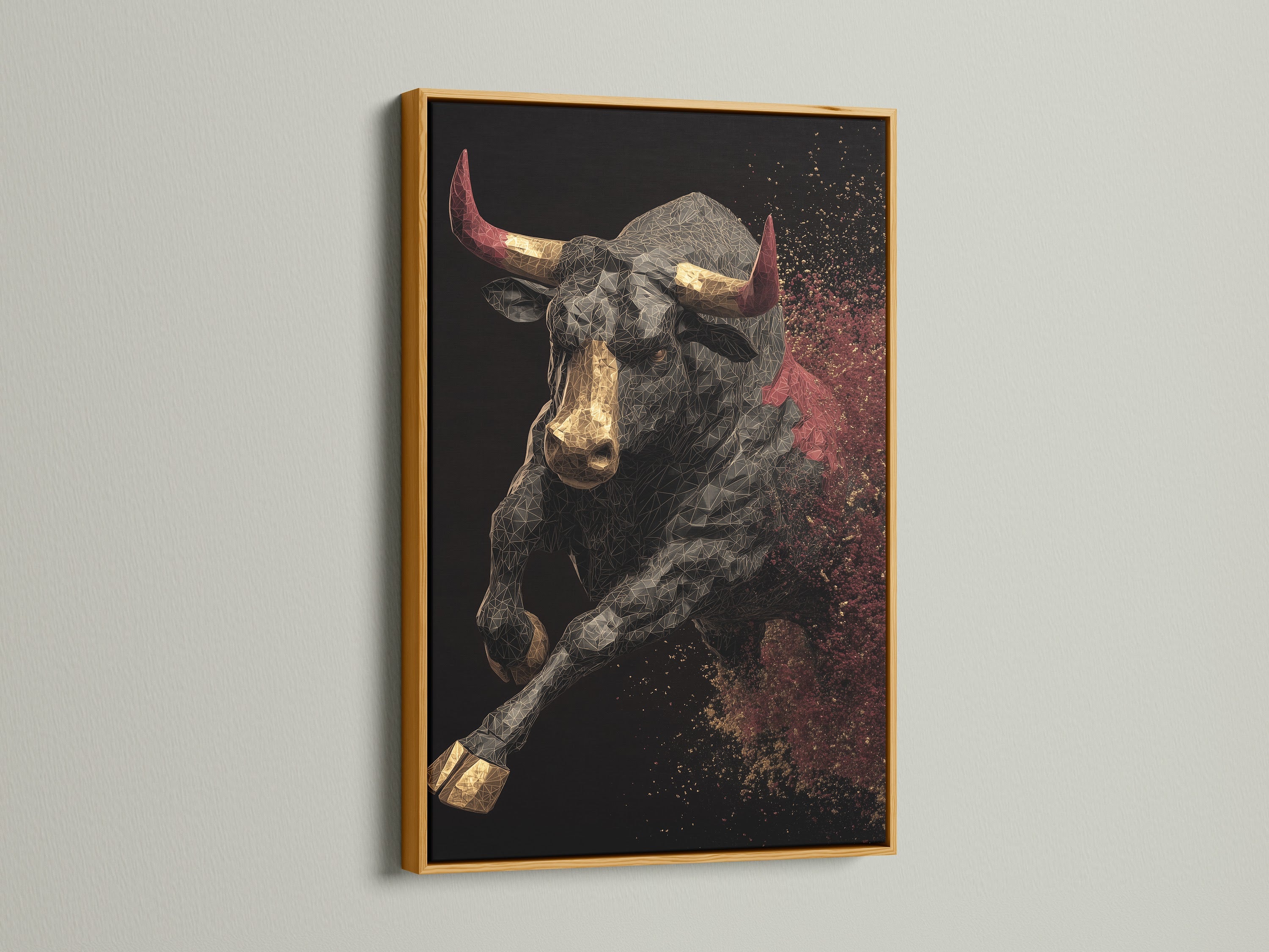 A gold frame adds elegance to a canvas print. The metallic finish brings a luxurious touch. This frame enhances the artwork's beauty. Making it a focal point in any room.