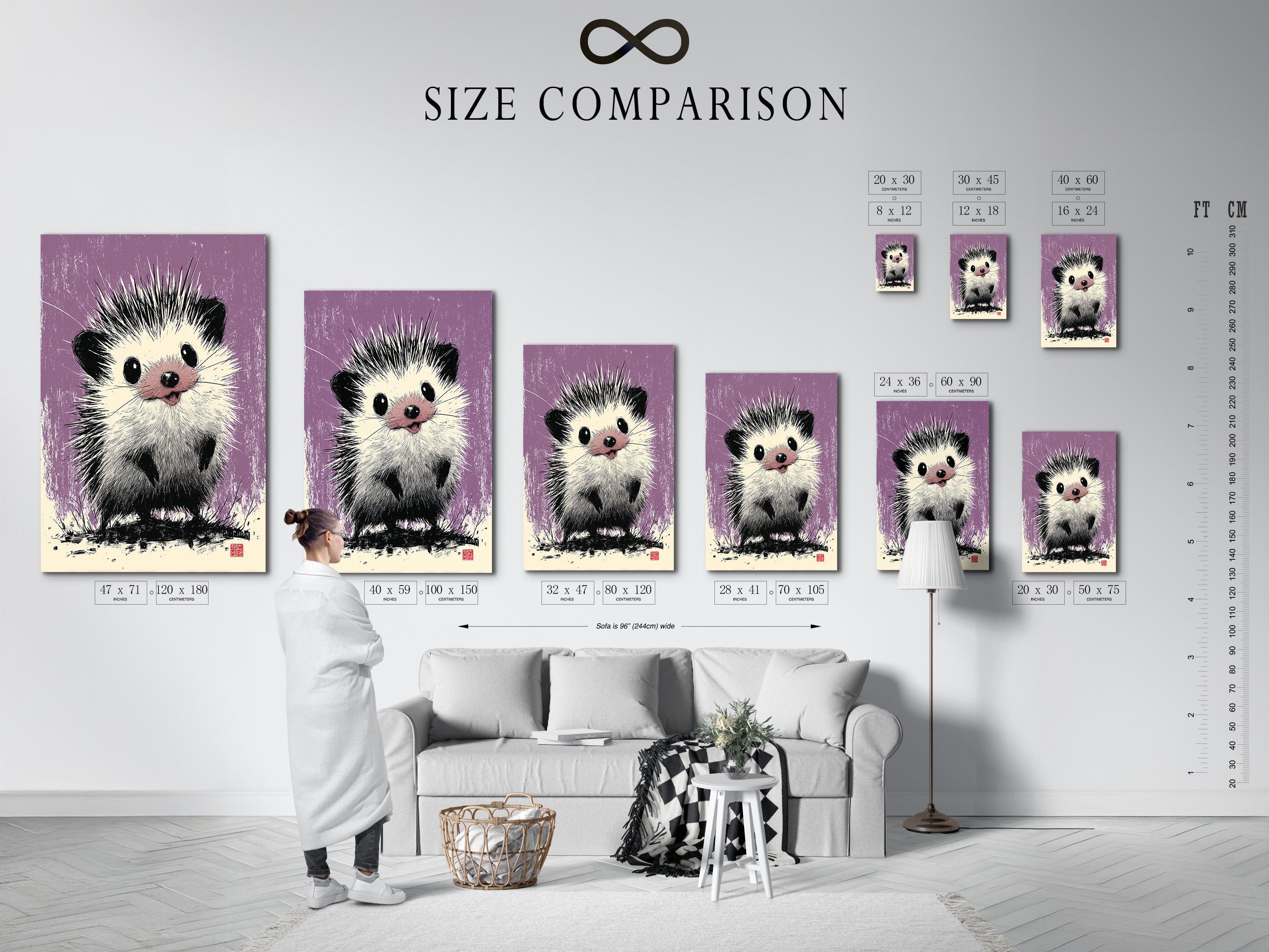 A size comparison chart displayed in an interior setting. Visualize the perfect size for your art. Choose the ideal dimensions to complement your space. Make informed decisions with our helpful size guide.