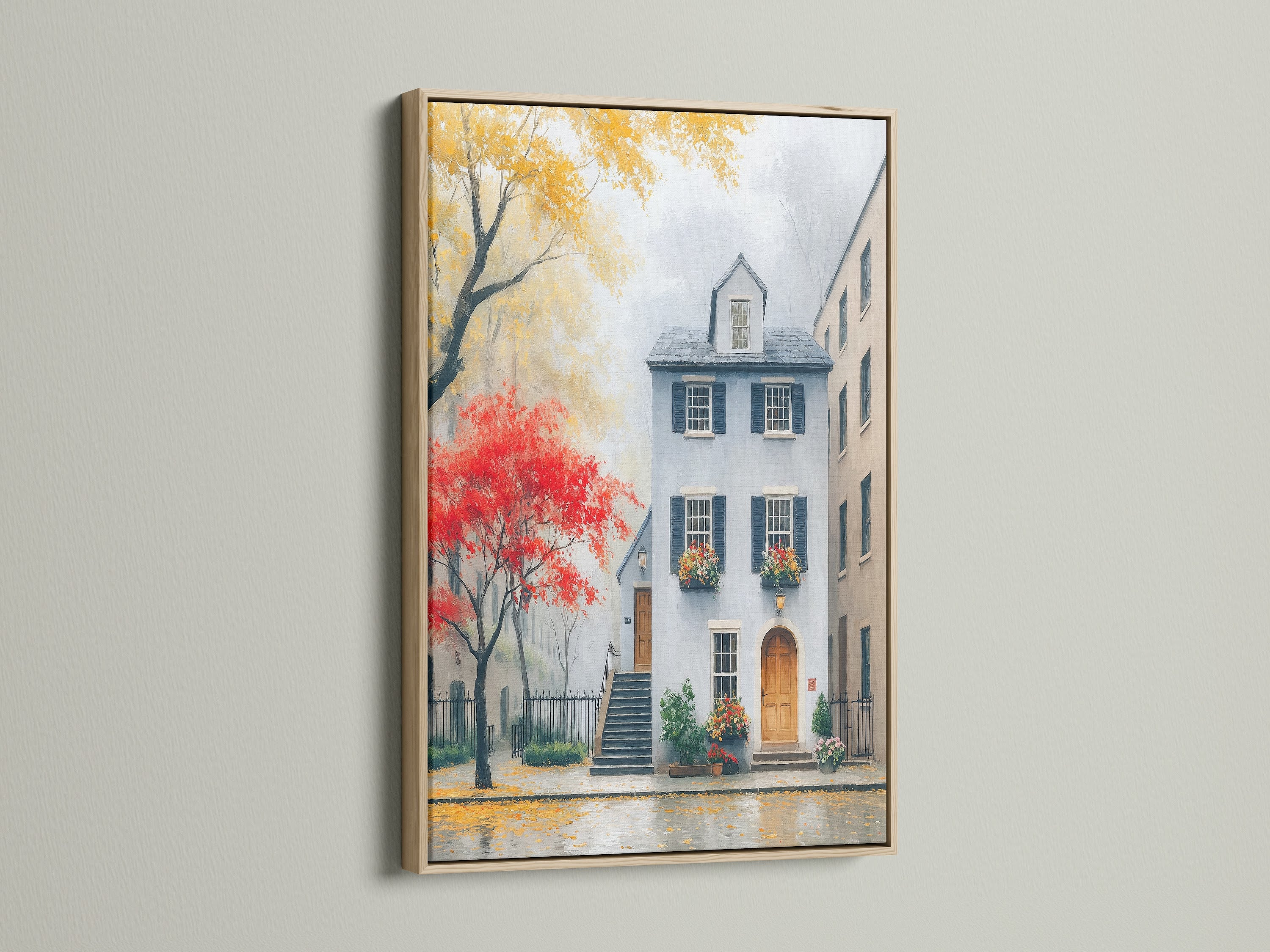 Showcasing Charleston art in an oak frame. This cityscape print captures a historic building. The autumn canvas adds color to city wall art. This architecture decor brings southern charm. A perfect piece of americana print for home wall art. The frame enhances this colorful fall art.