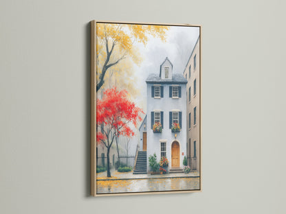 An oak frame enhances this cityscape artwork. The Charleston architecture print captures a historic building in autumn. The warm tones of the frame complement the fall colors art. This building artwork adds southern charm to any space. Ideal for modern or minimalist interiors.