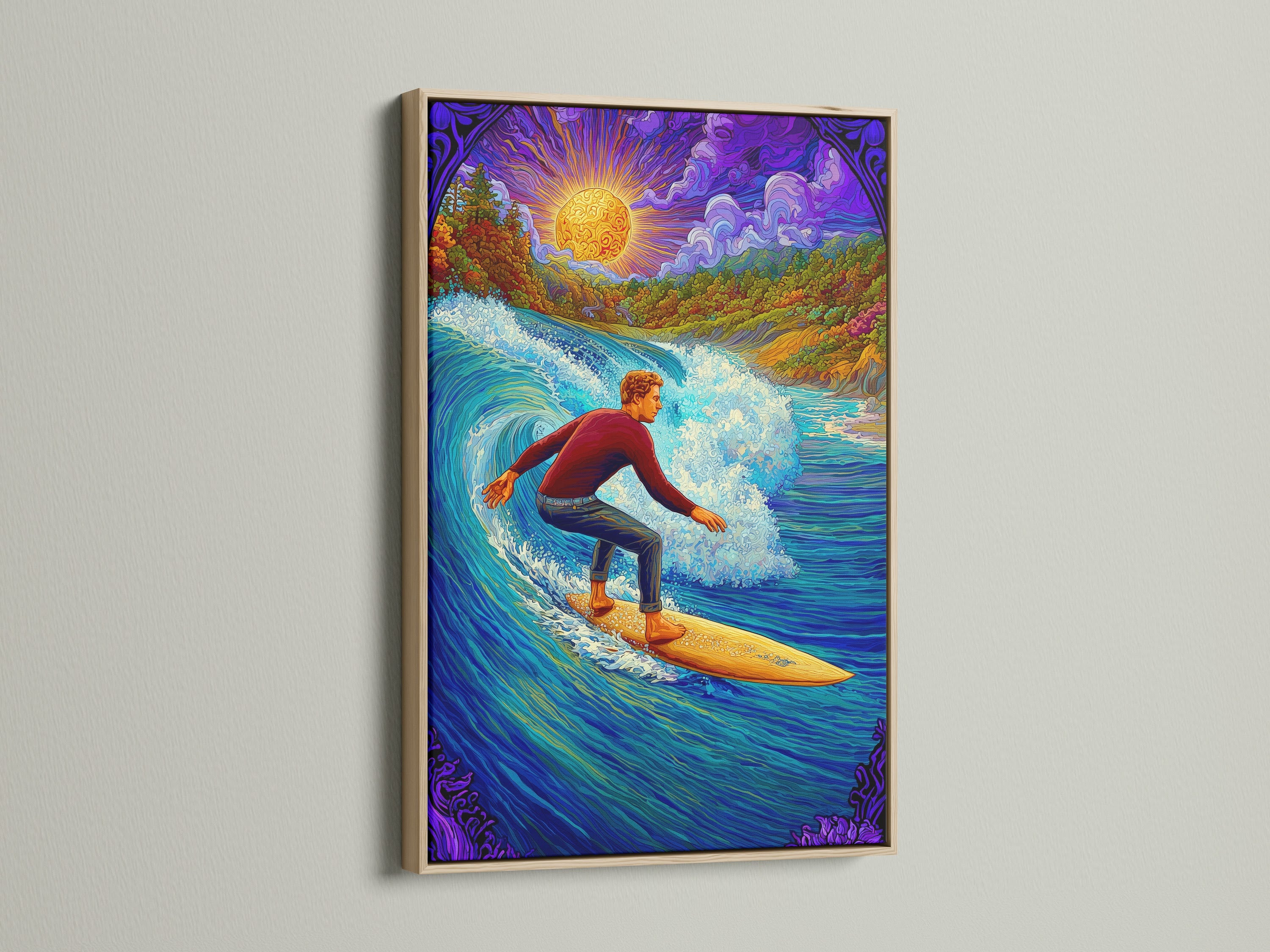 Psychedelic Surfer Art Print - Vibrant Ocean Wave Wall Art, Colorful Surfing Poster, Bohemian Beach Decor, Trippy Nature Artwork