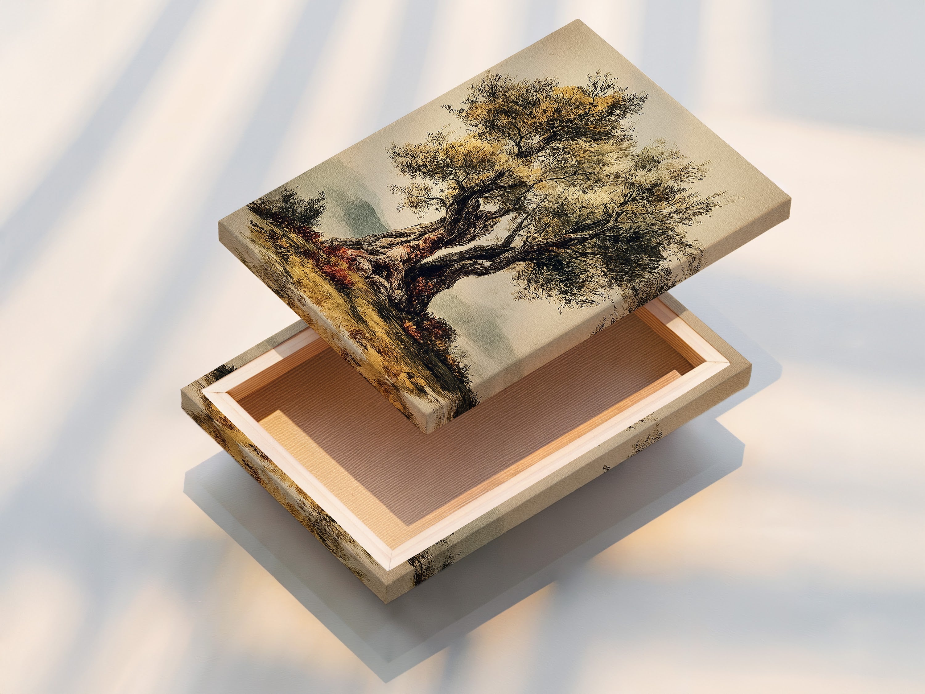 A stretched canvas print displaying an artwork of a tree. The canvas texture enriches the artwork. The print is stretched perfectly. This canvas print is ready to hang.